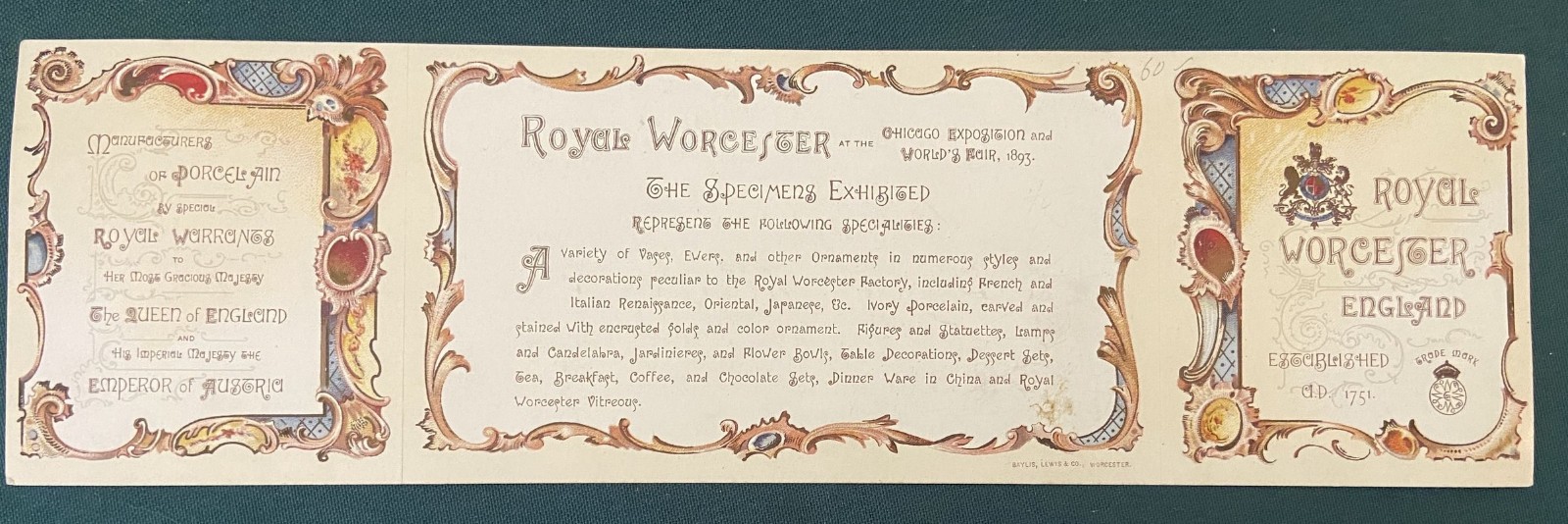 1893 Chicago Exposition World's Fair Royal Worcester Display Trade Card Repro?