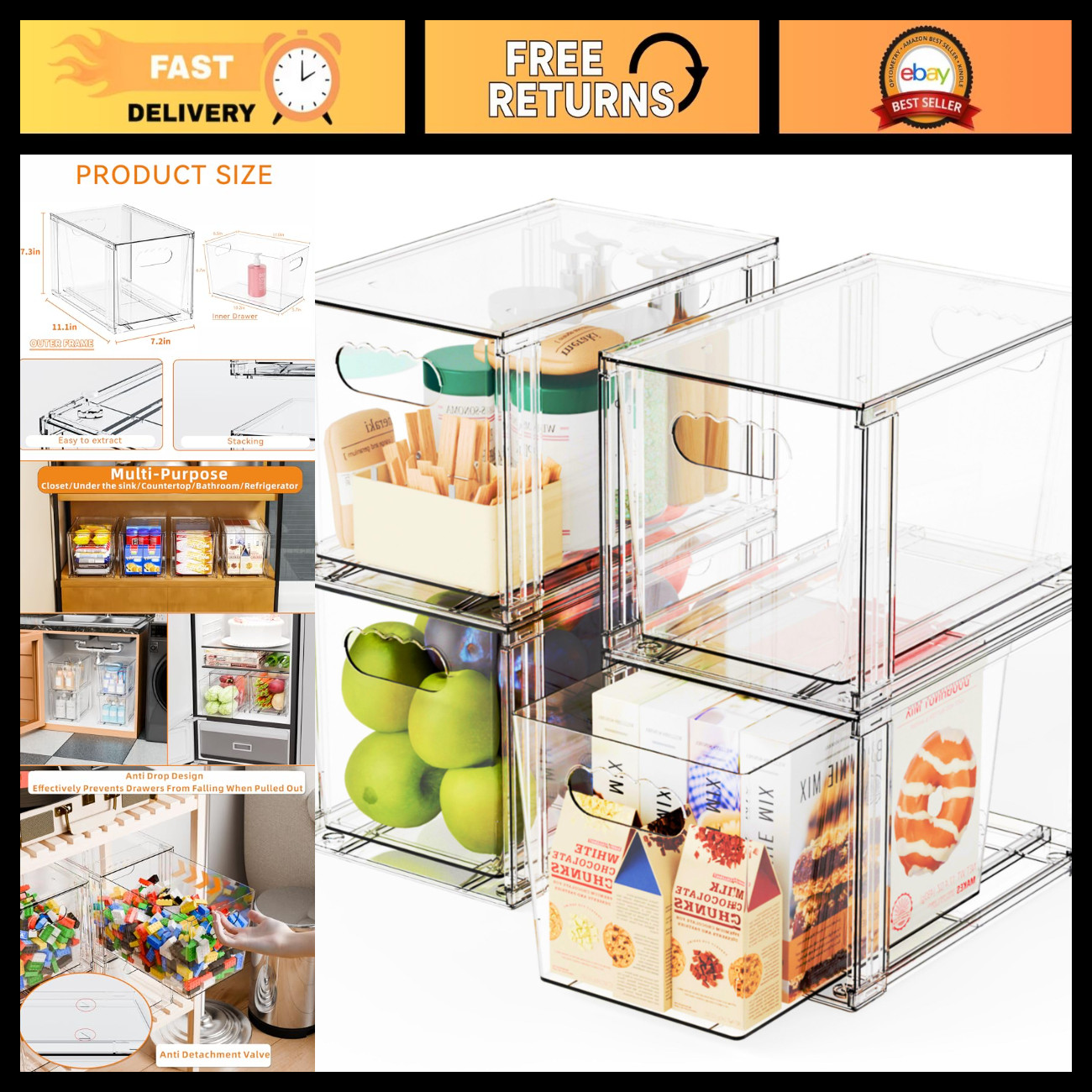 4 Pack Large Stackable Storage Drawers,Clear Acrylic Drawer Organizers and Baby