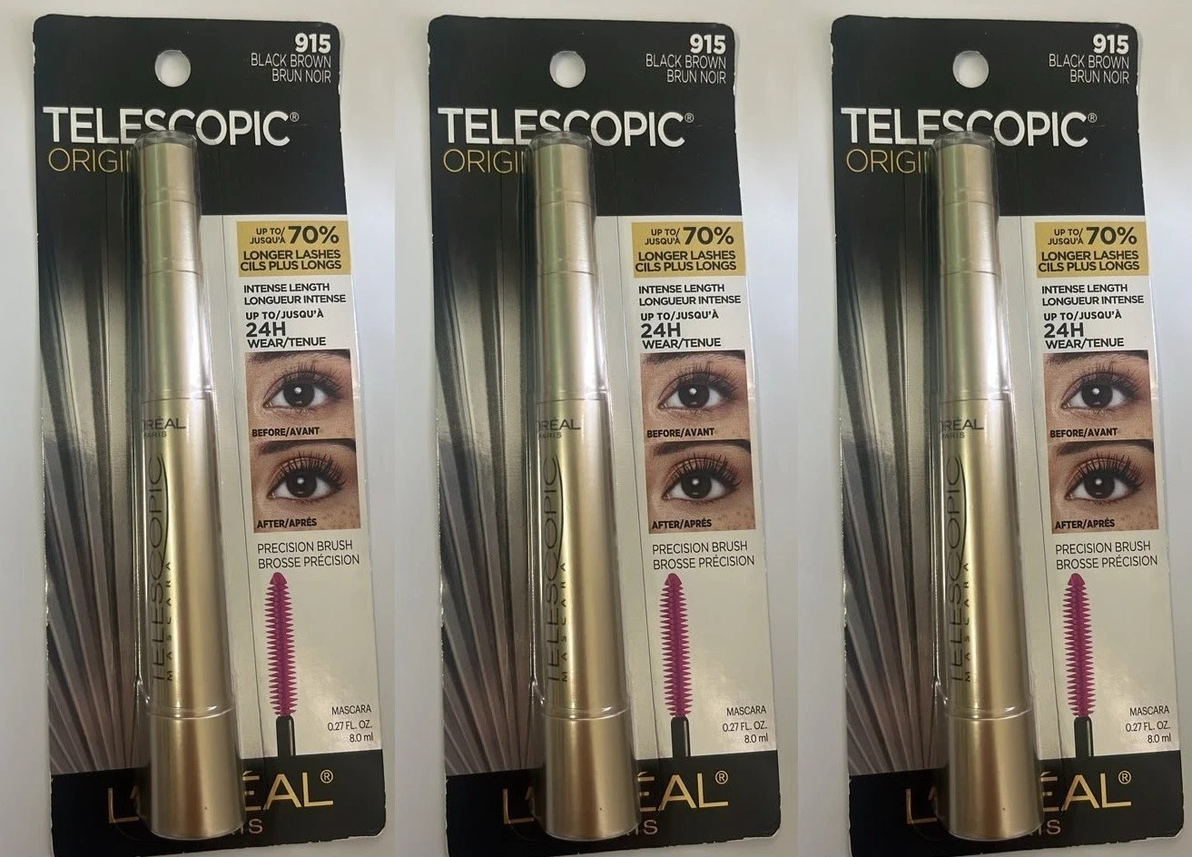 3x L\'Oreal Paris Makeup Telescopic Original Mascara, 915 Black Brown