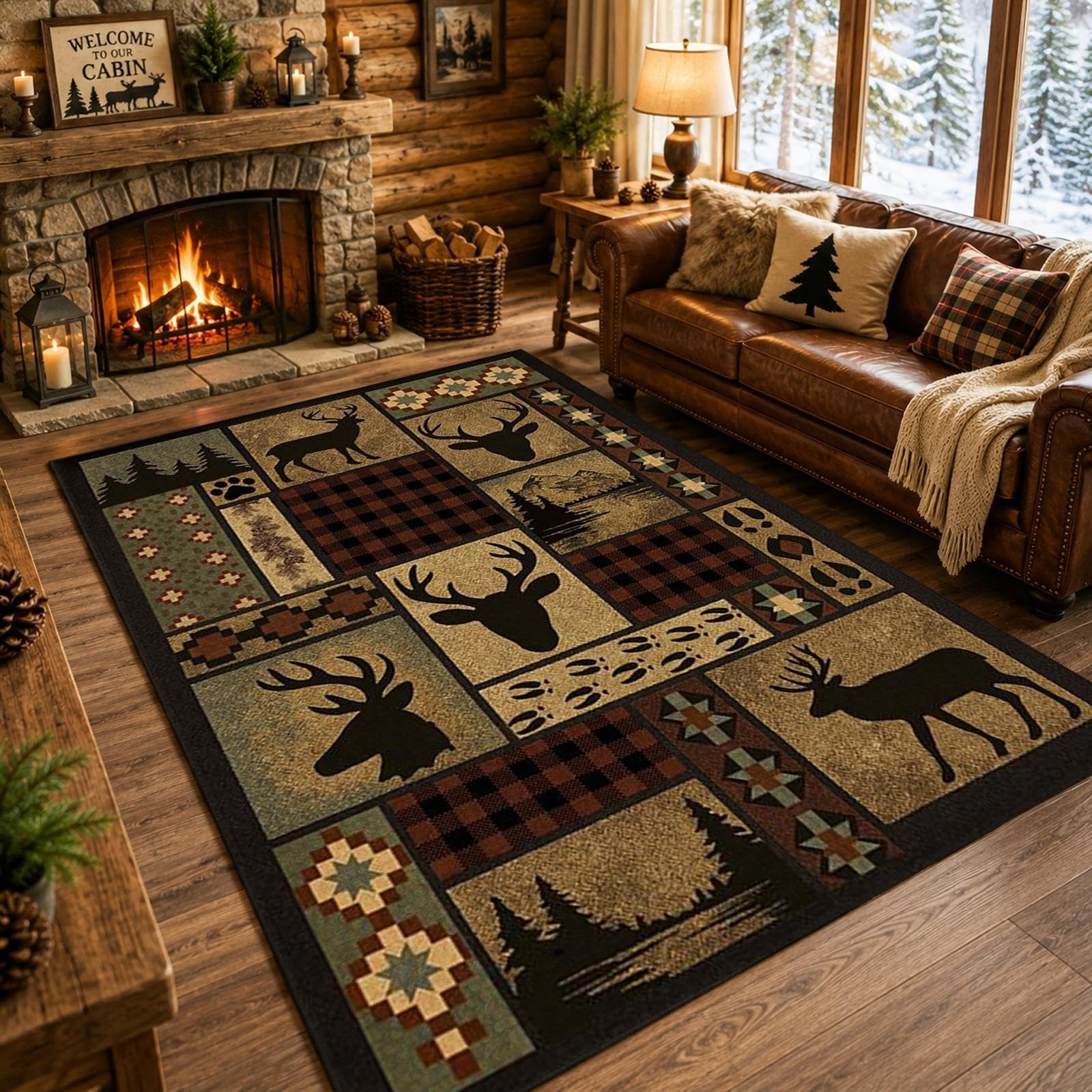 Deer Rug 5x8 ft, Rustic Lodge Cabin Wildlife Rug with Buffalo Plaid, Washable...