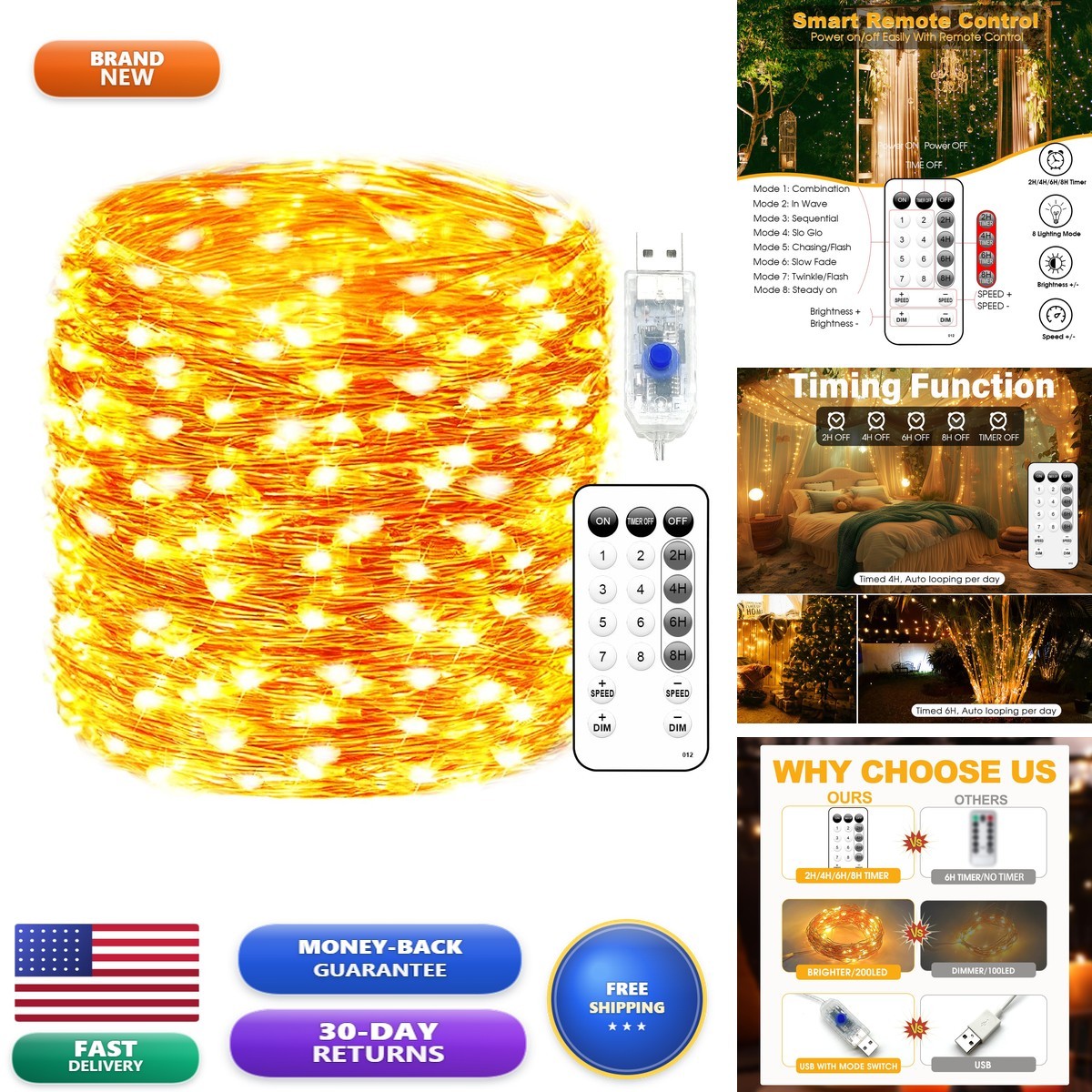 Fairy Lights 66FT 200 LED USB Warm White with Remote Timer 8 Modes