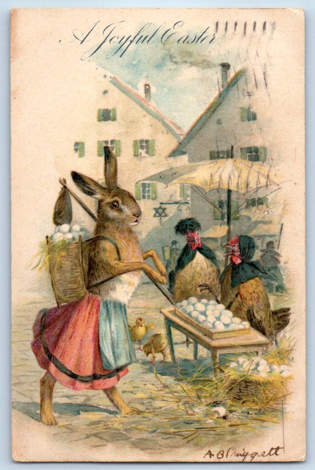 1907 Easter Anthropomorphic Rabbit With Eggs Basket Embossed Antique Postcard