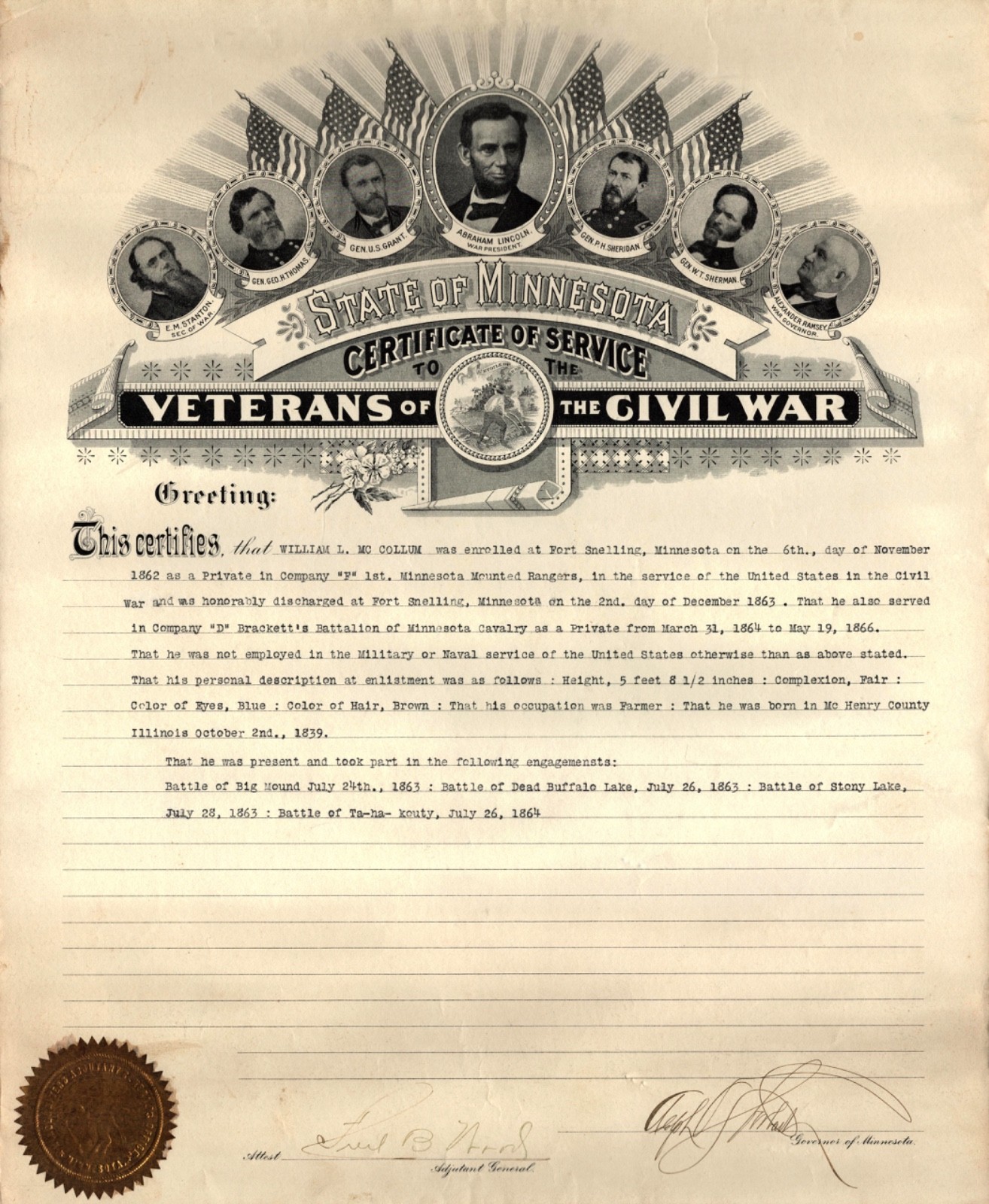 Civil War Battles Veterans Certificate Minnesota State Signed Governor 14