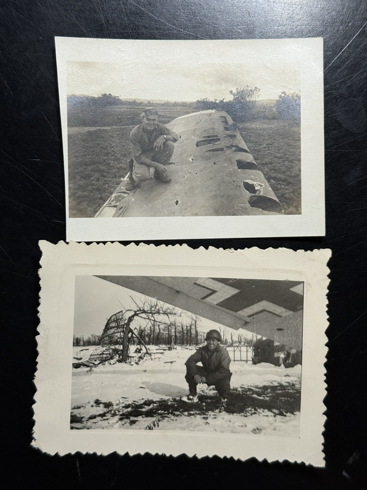 2x Original WW2 photos US troops posing Captured/downed German Aircraft WWII