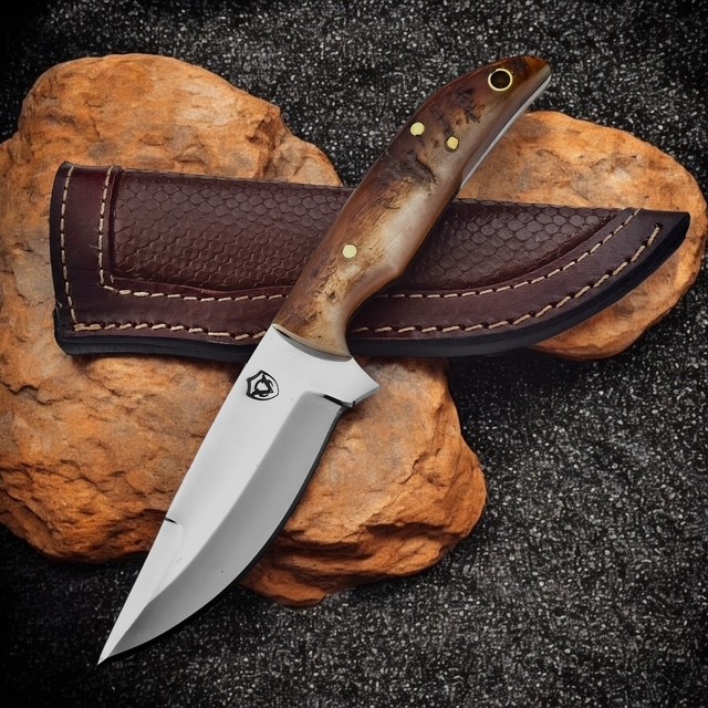 EDC Custom Handmade 440C Steel Hunting Camping Knife Ram Horn Leather Sheath