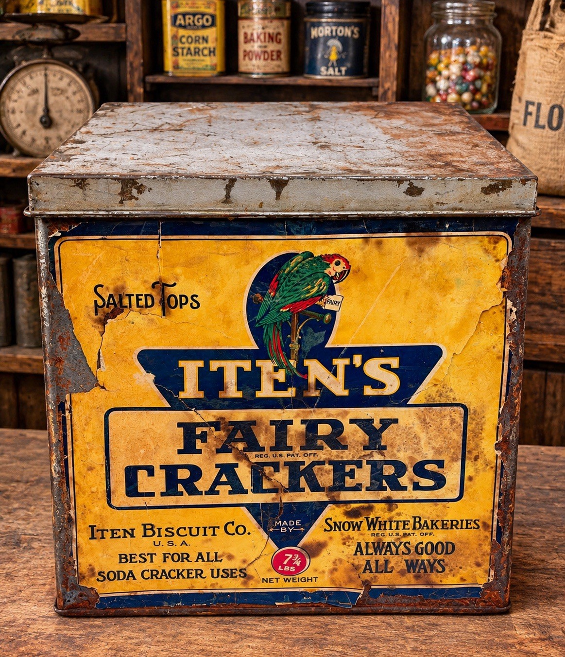 RARE VINTAGE ITEN\'S FAIRY CRACKER BISCUIT TIN SNOW WHITE BAKERIES PARROT RARE VINTAGE ITEN\'S FAIRY CRACKER BISCUIT TIN SNOW WHITE BAKERIES PARROT