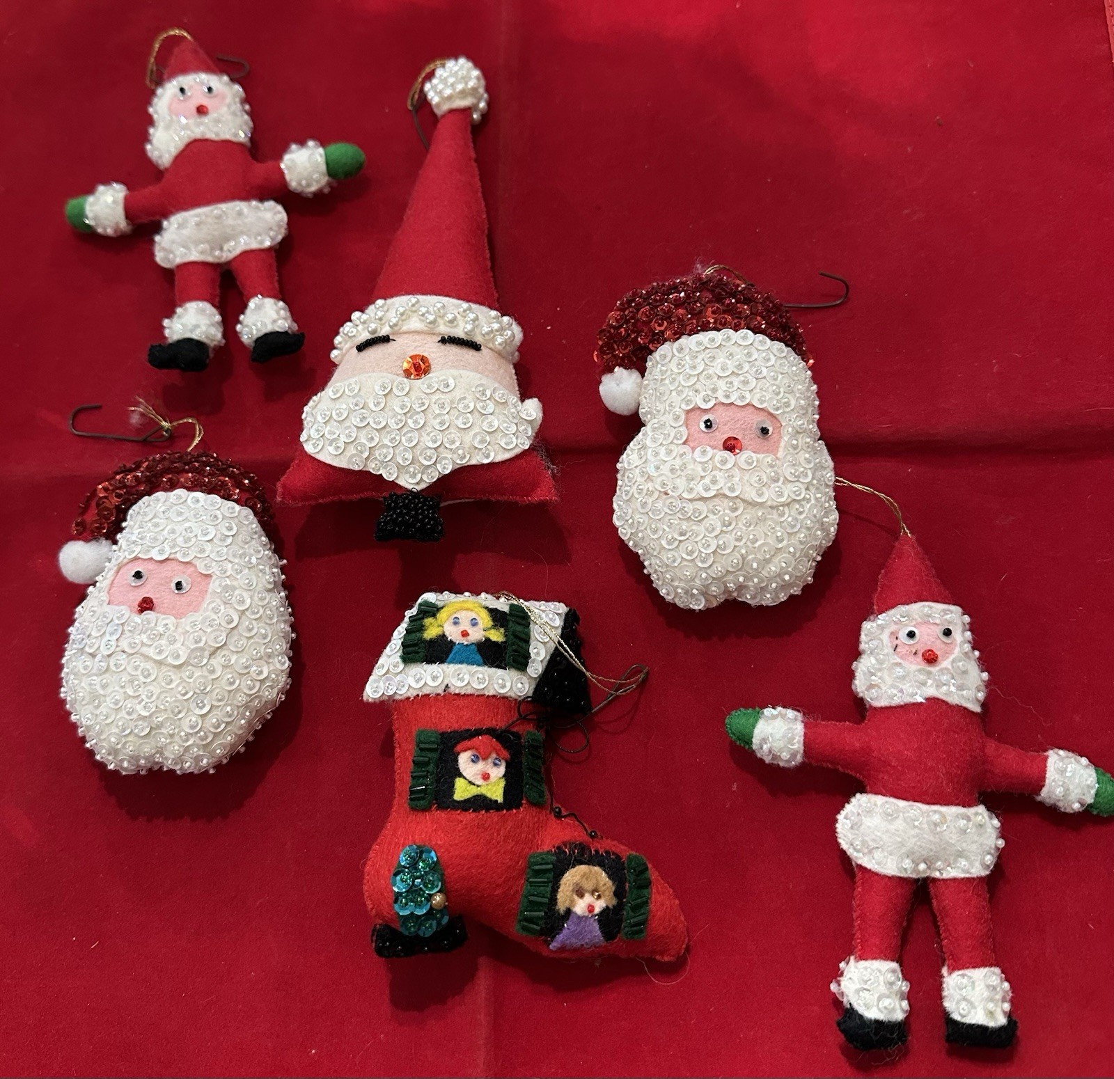 Vintage Handmade Felt Sequin Christmas Ornaments  Santa’s & Boot 4\