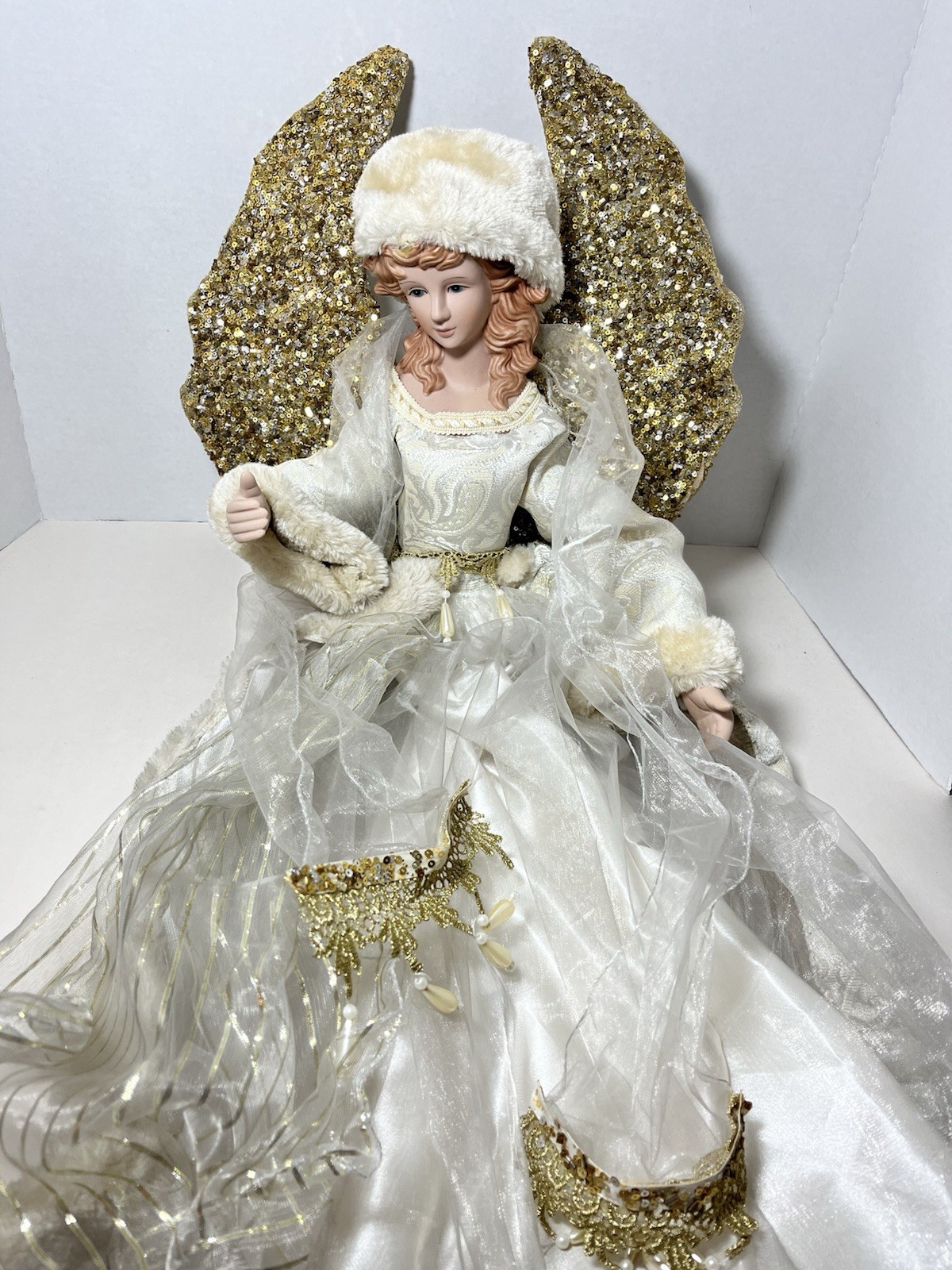 Vintage VERY Long Golden Angel Tree Topper~Bisque Head~Gold Sequined Wings