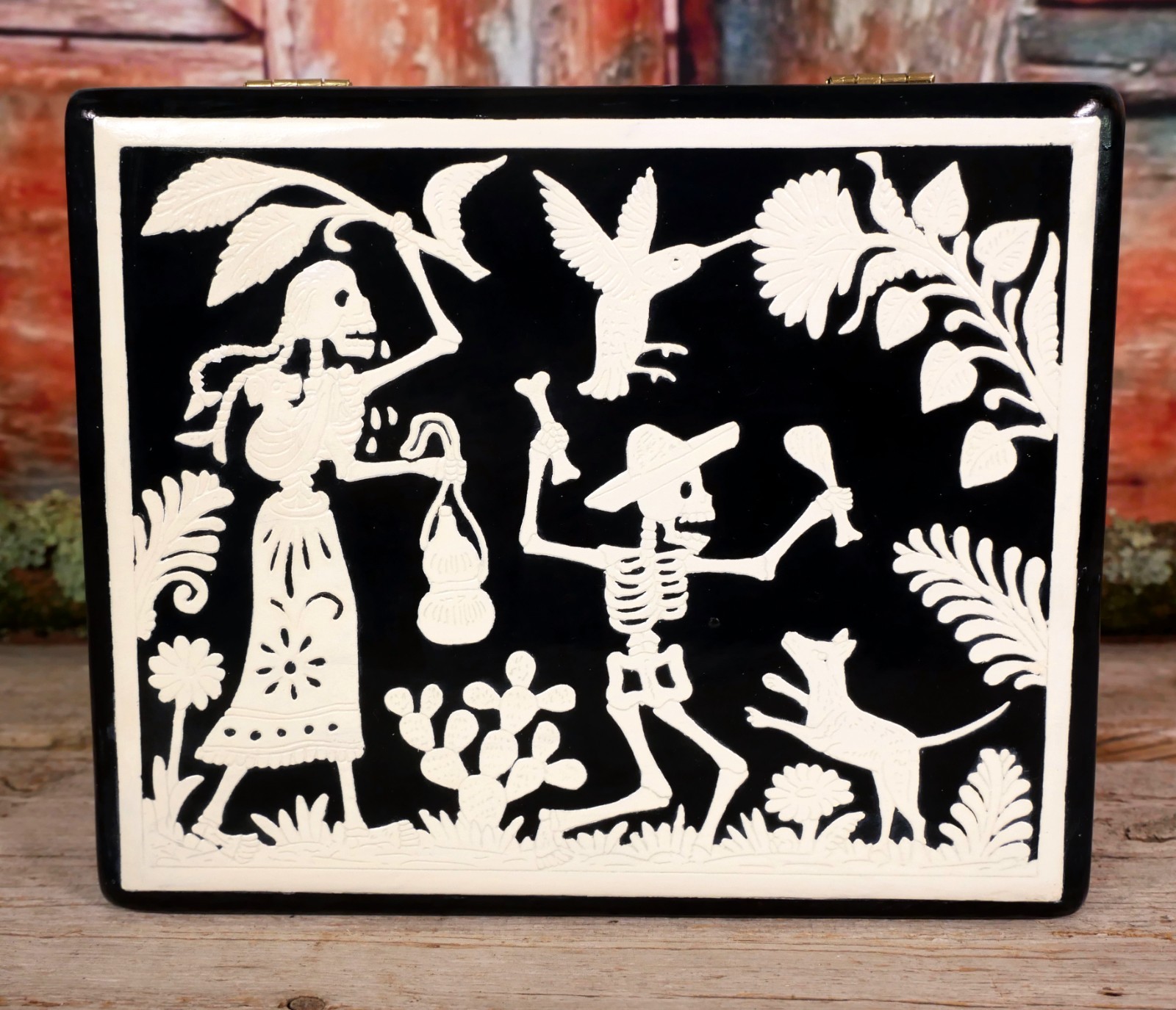 Day of the Dead Handmade Lacquer Box Skeletons Dog Birds Olinalá Mexico Folk Art