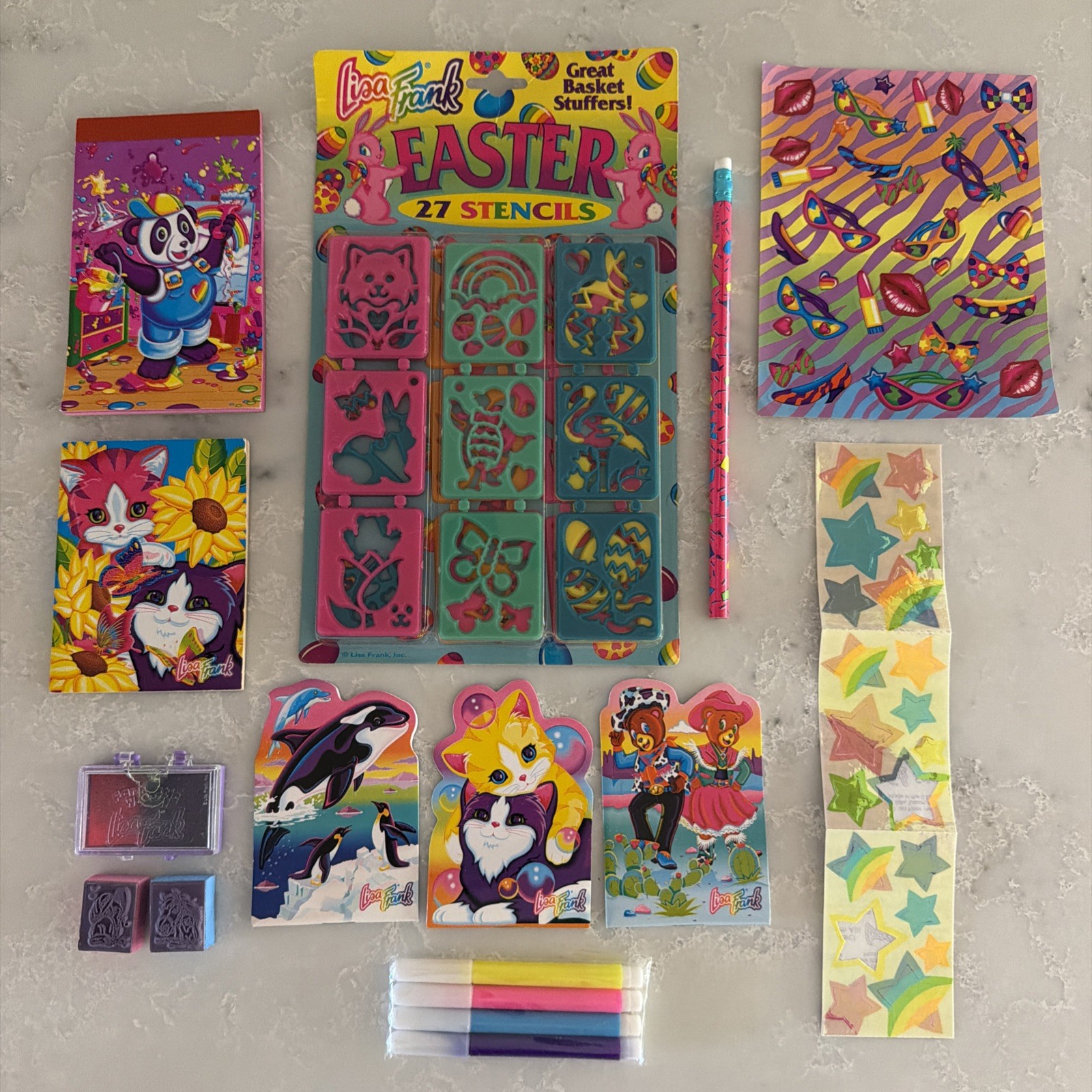 Vintage Lisa Frank Address Book Notepad Stamps Stencils Pencil Sticker Lot