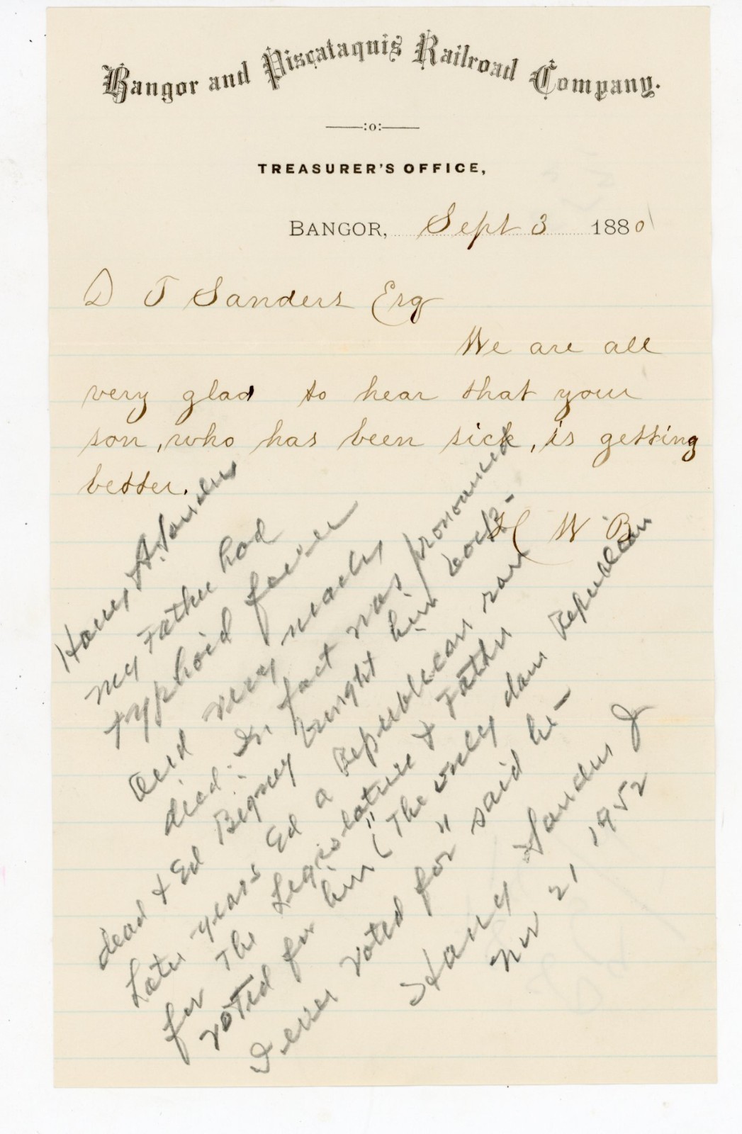 1880 Bangor & Piscataquis Railroad Letterhead Maine History + 1952 Family Note