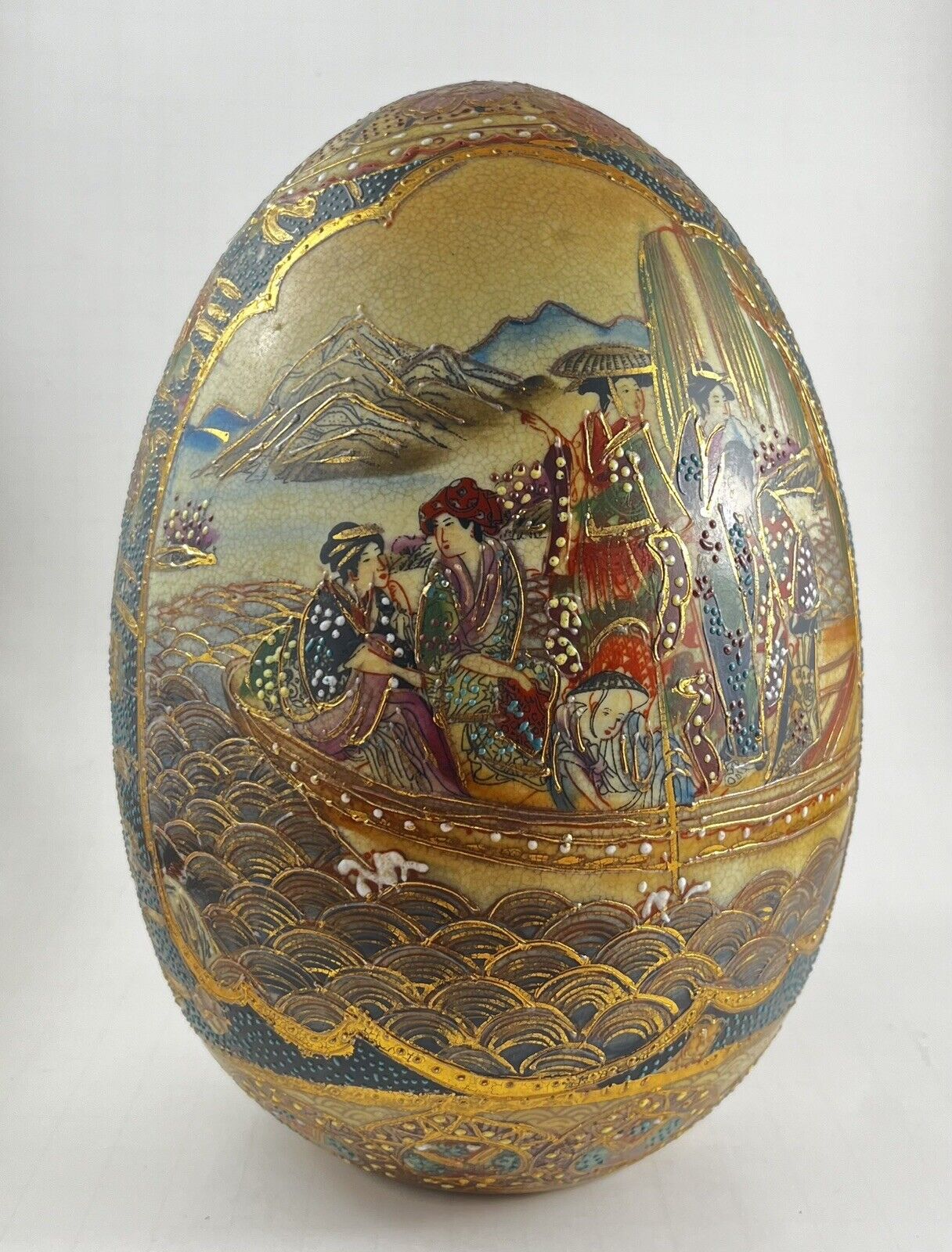 Unique Vintage Satsuma - Medium Size 8 Inch Ceramic Egg - Hand Painted