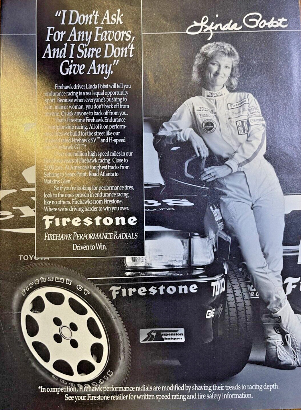 1988 Vintage Magazine Advertisement Firestone Tires Firehawk Driver Linda Pobst
