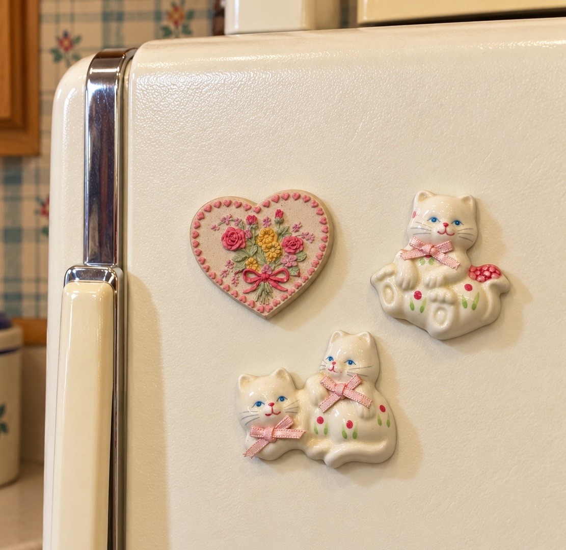 3 New Vintage Heart Refrigerator Magnet Russ Bertie Cat Cottage Lace 80s Country
