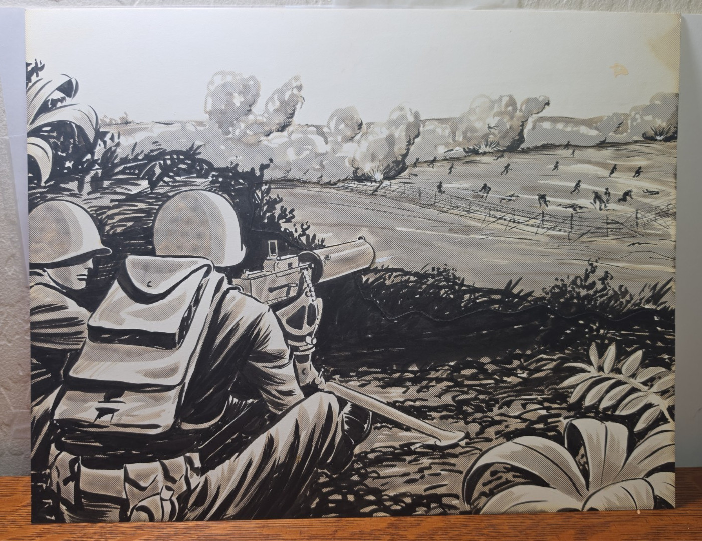 WWII Yank Magazine Artwork Soldiers Firing into Field 10 1/2 x 13 1/2 JRR1