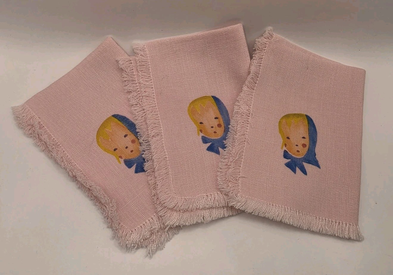 Vintage Blonde Girl Babushka Pink Stenciled Linen Napkins Fringe Cottagecore NOS