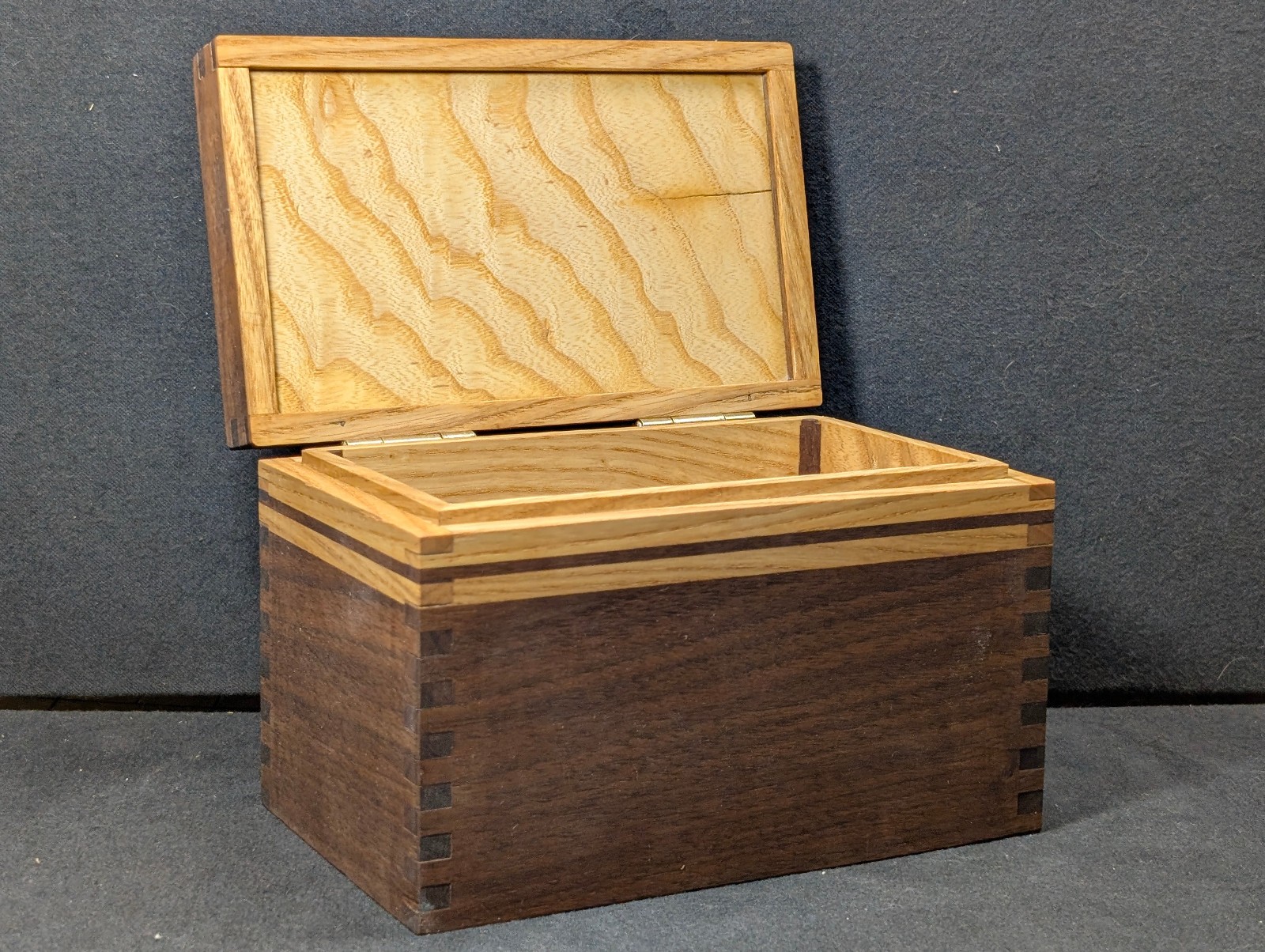 Handmade Natural Walnut Tiger Maple Wood Box Lined Finger Joints