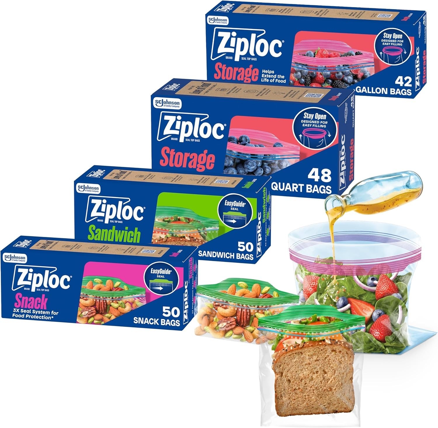 ZIPLOC STORAGE BAGS VARIETY PACK, 190CT TOTAL, 42CT STORAGE GALLON AND 48CT STOR