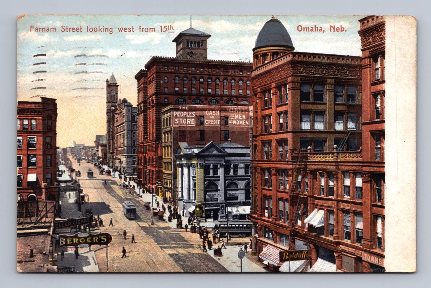 Antique Nebraska Postcard OMAHA Farnam Street Looking West 1909