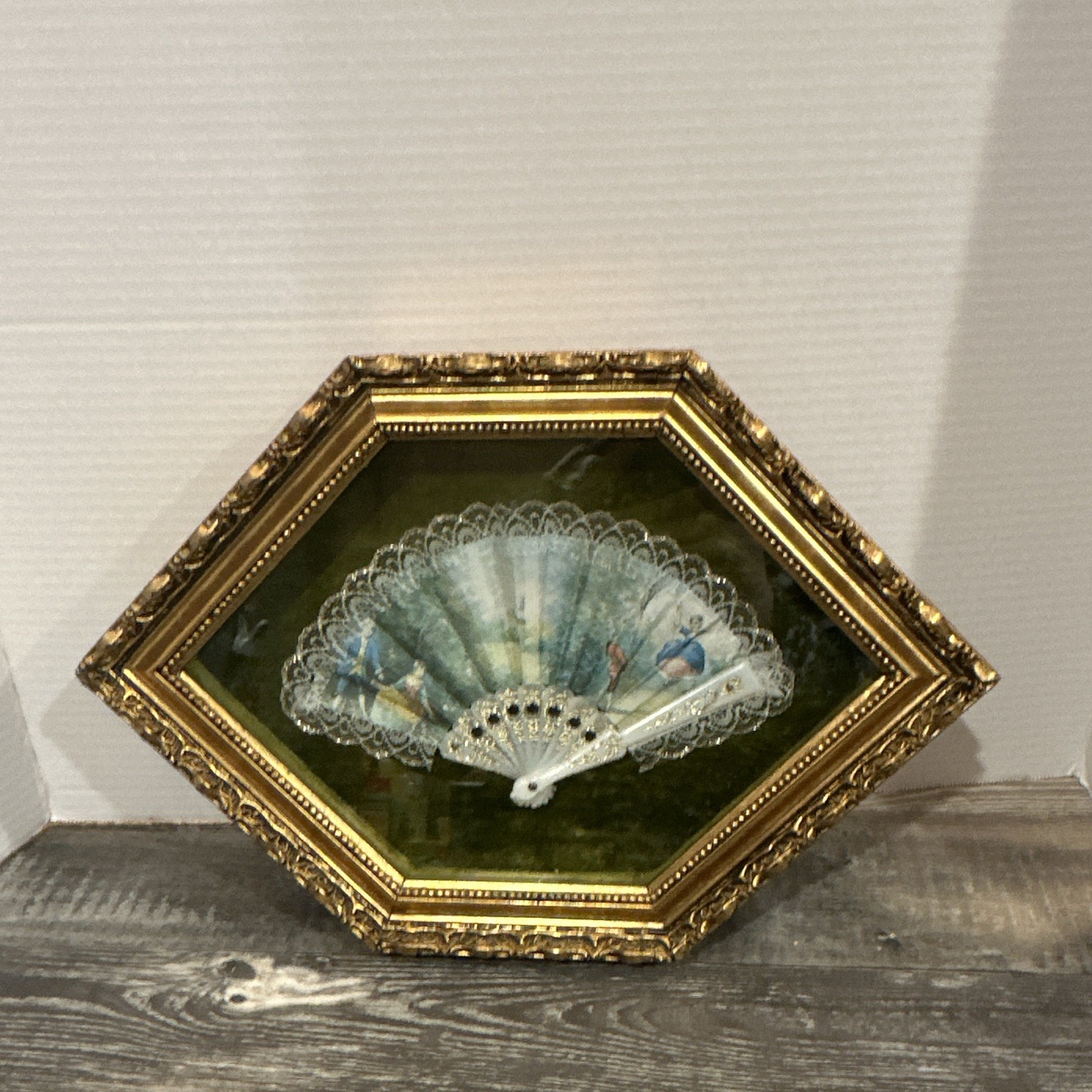 Vintage Framed Lace Hand Fan, Ornate Gilt Octagonal Shadow Box,Victorian Style