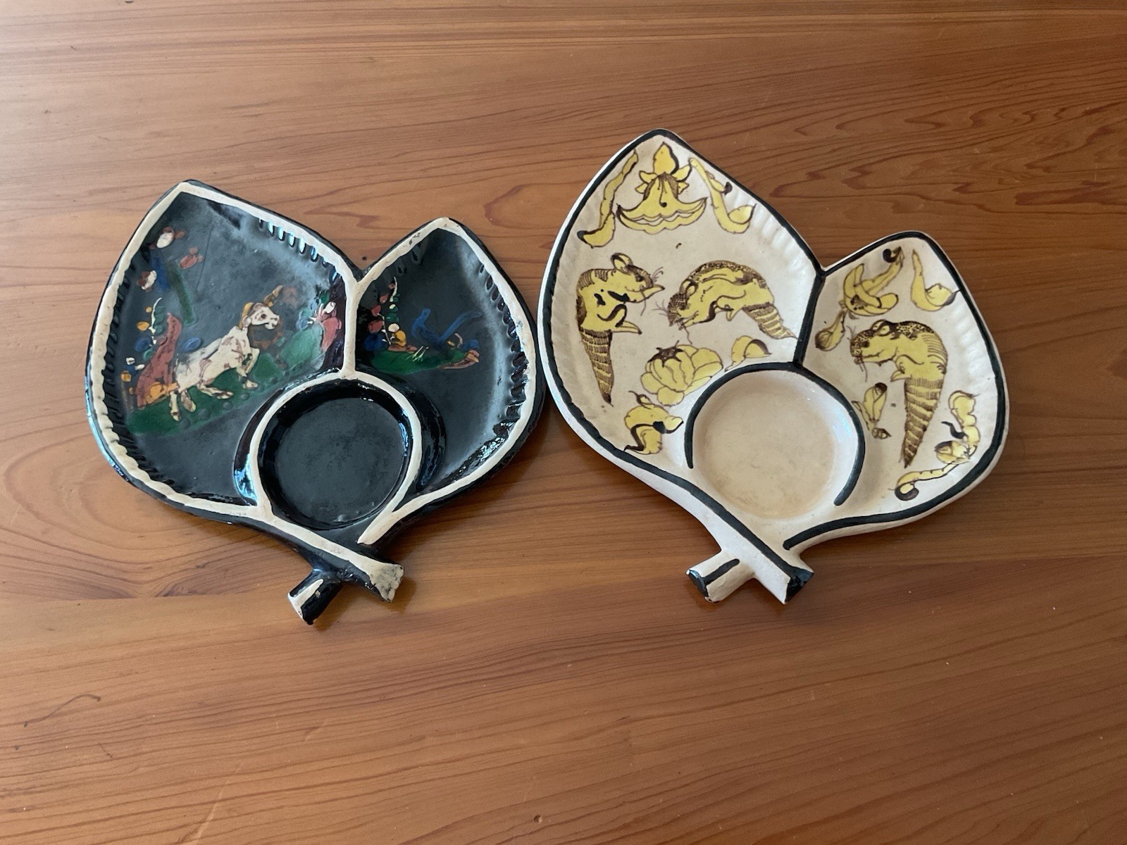 Two Vintage Mexico 1940's Tlaquepaque Divided Dish Tray Tourist Folk Art