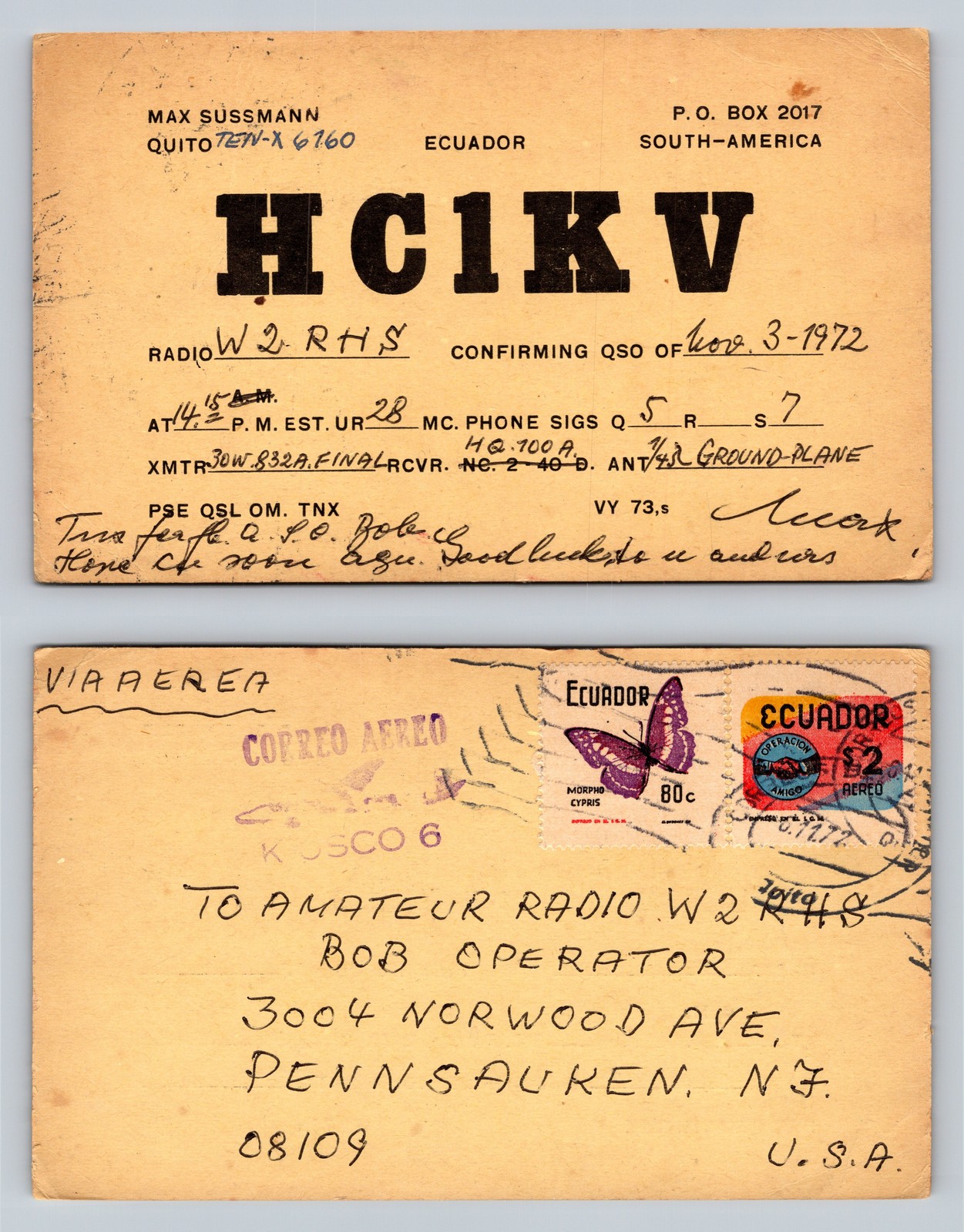 Ham Radio QSL QSO Postcard HC1KV, Quito, Ecuador