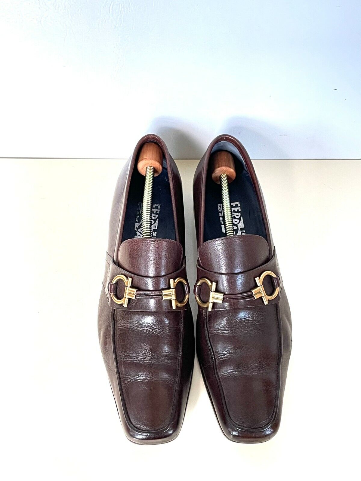 RARE SALVATORE FERRAGAMO BROWN LEATHER GANCINI LOAFERS SHOES SZ 8EE FULL STRAP