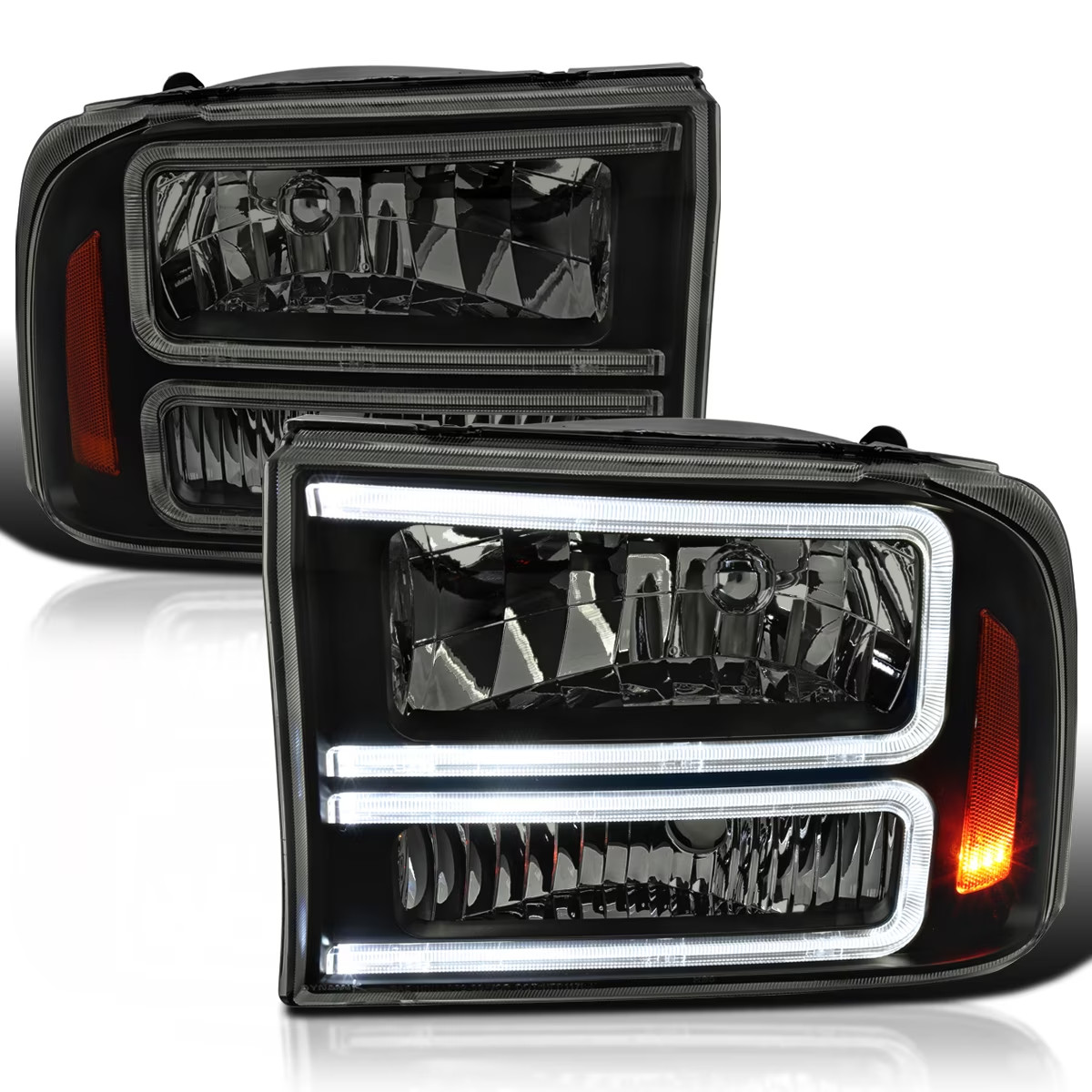 Black Smoke Headlights with LED Bar Compatible with 1999-2004 Ford F-250, F-350,