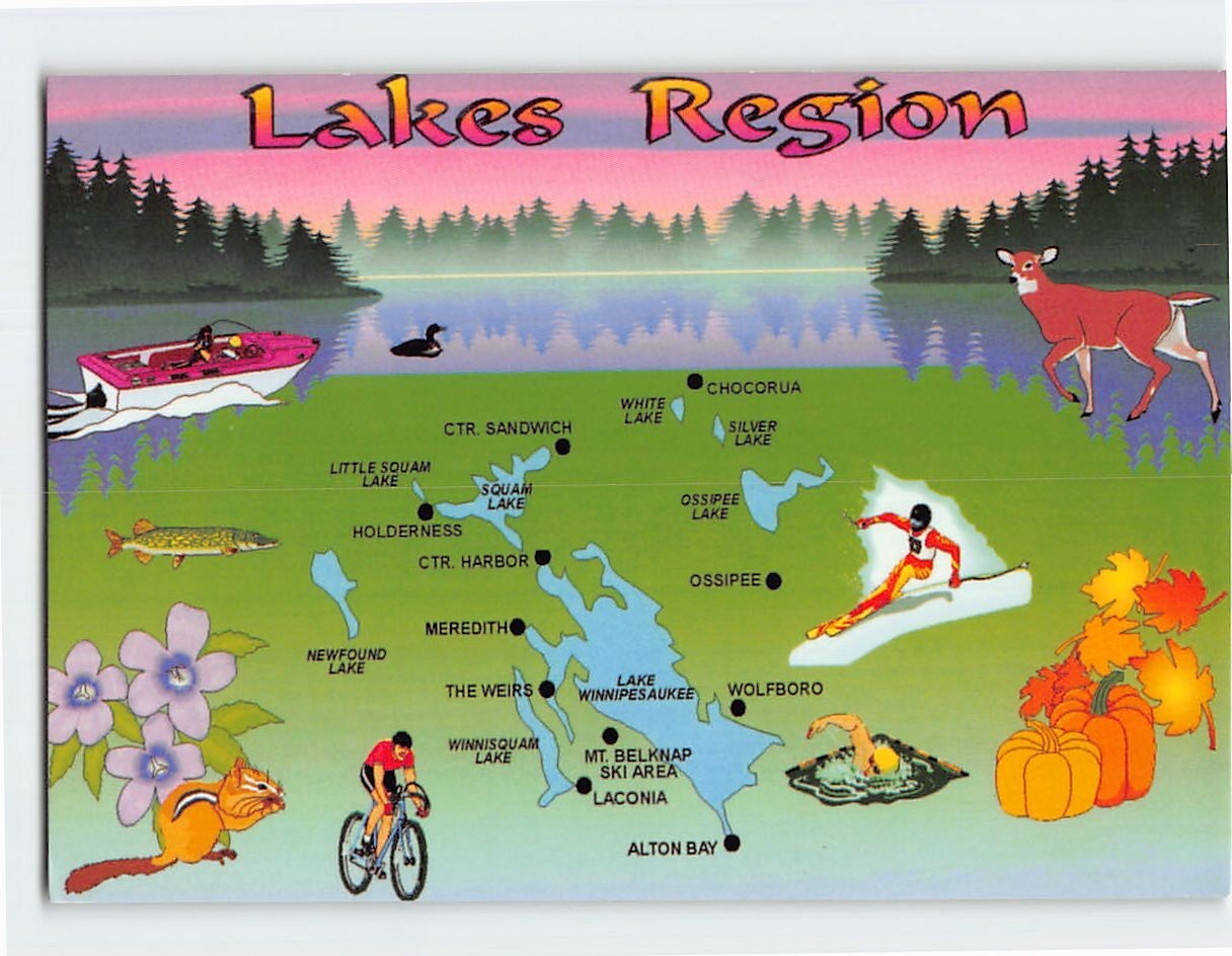 Postcard Greetings From NH Lake Region Map