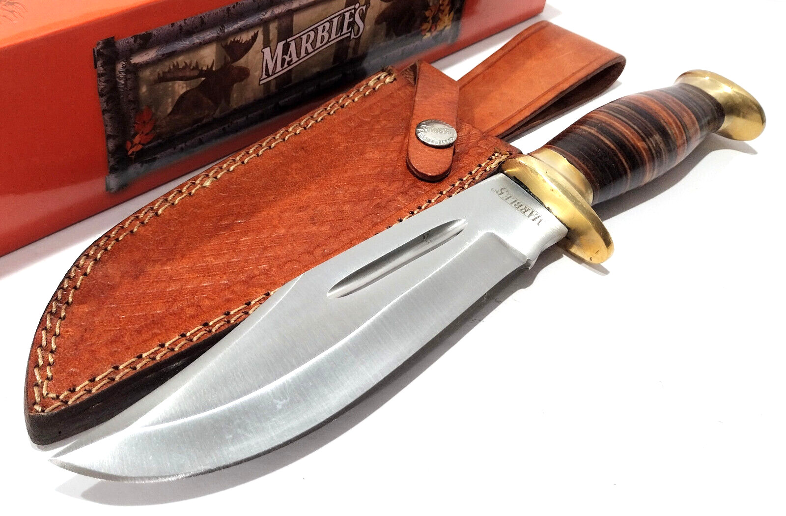 Marbles Brown Stacked Leather Handle Clip Point Bowie Fixed Blade Hunting Knife
