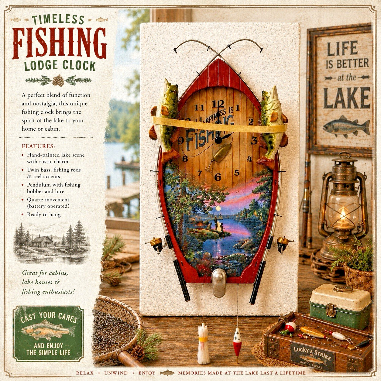 Bradford Exchange James Meger Lakeside Memories Sculpted Fishing Art Wall Clock