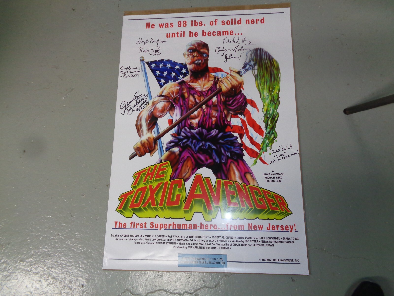 7x Cast SIGNED Toxic Avenger Poster Michael Herz Lloyd Kaufman Mark Torgl Troma