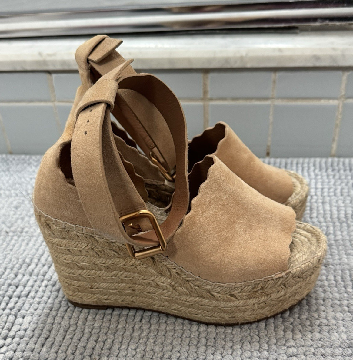 Chloé Women’s Beige Suede Espadrille Wedge Sandals Ankle Strap Buckle EU 35
