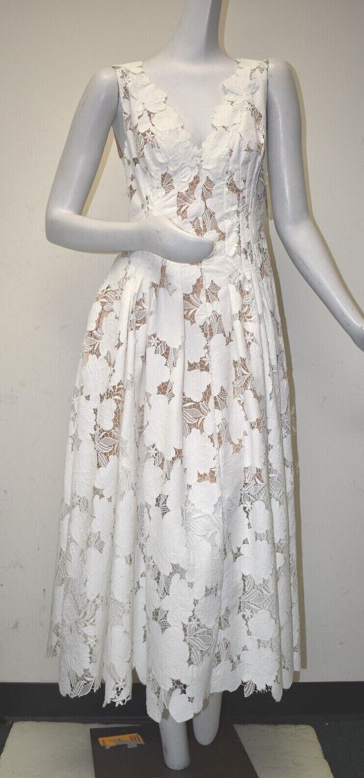 $6290 NEW Oscar de la Renta Lace Applique Guipure Floral Midi Dress White NUDE 8
