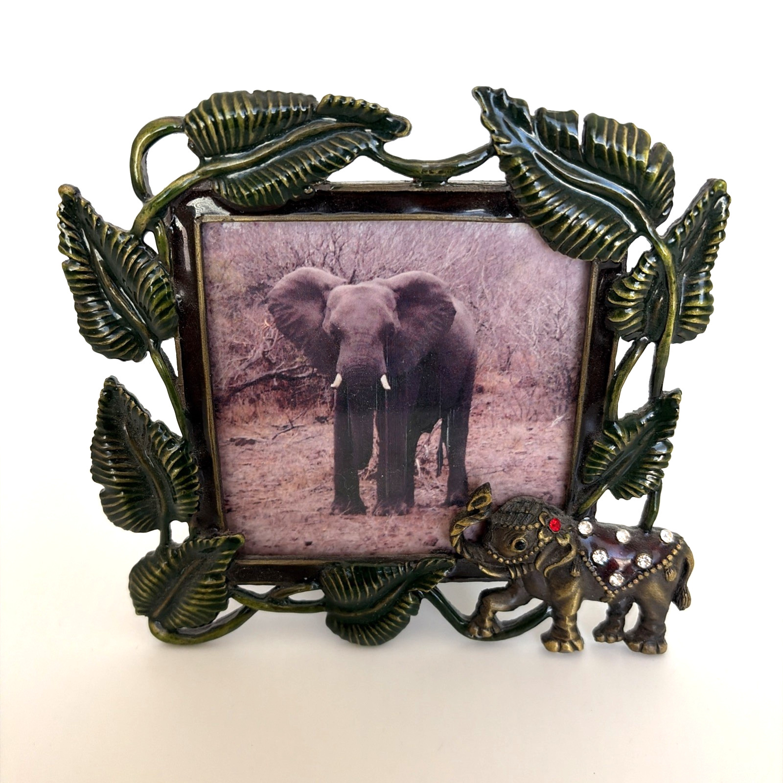 Lefton Devonshire Designs Elephant Photo Frame Jeweled Enamel Metal 3.5 x 3.5