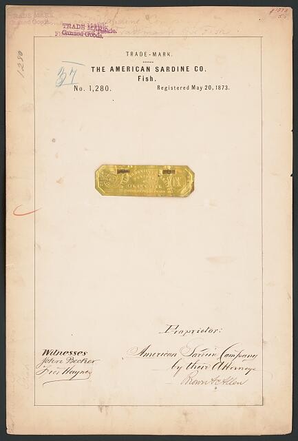 American Sardine Co 1873 Trademark Registration Boneless Sardines Fish