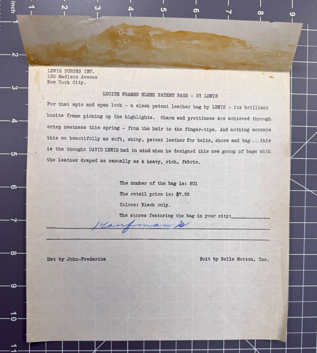 Vintage 1940s Lewis Purses Inc Fashion Promo Document Kaufman's Handwritten