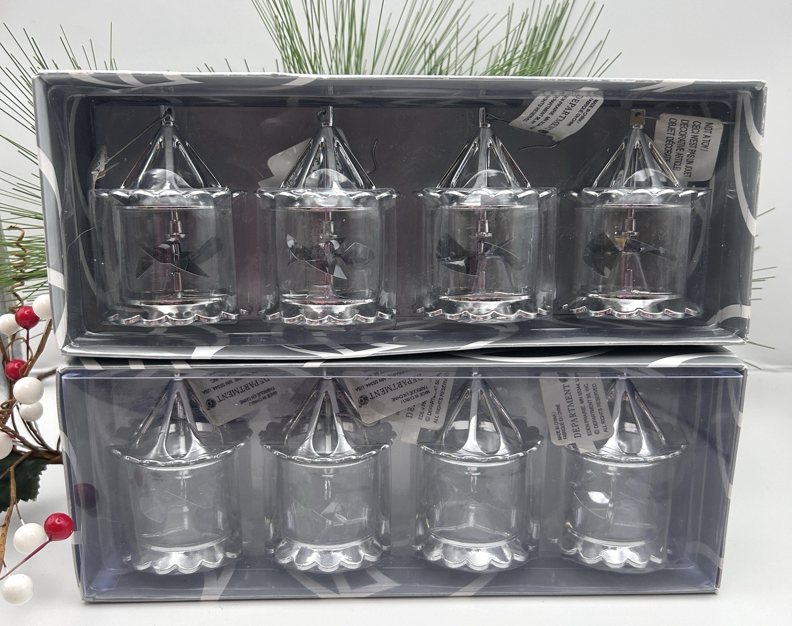 LOT 2– Vtg 2001 Dept 56 Set 4  Silver Pinwheel Spinner Birdcage Ornaments 