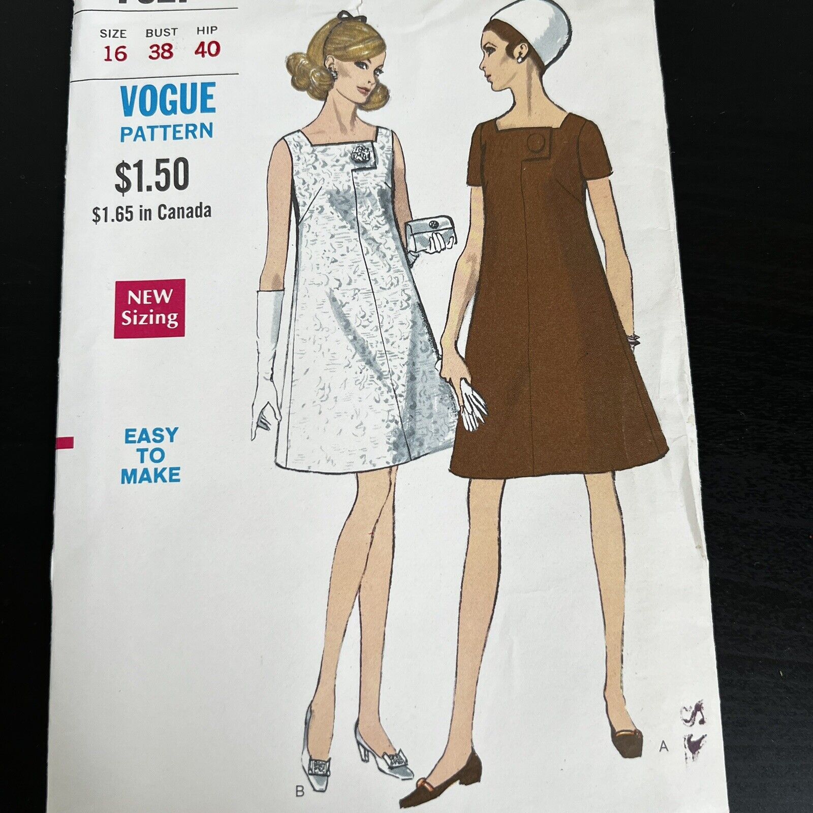 Vintage 1960s Vogue 7327 MCM Square Neck Button Tap Dress Sewing Pattern 16 CUT