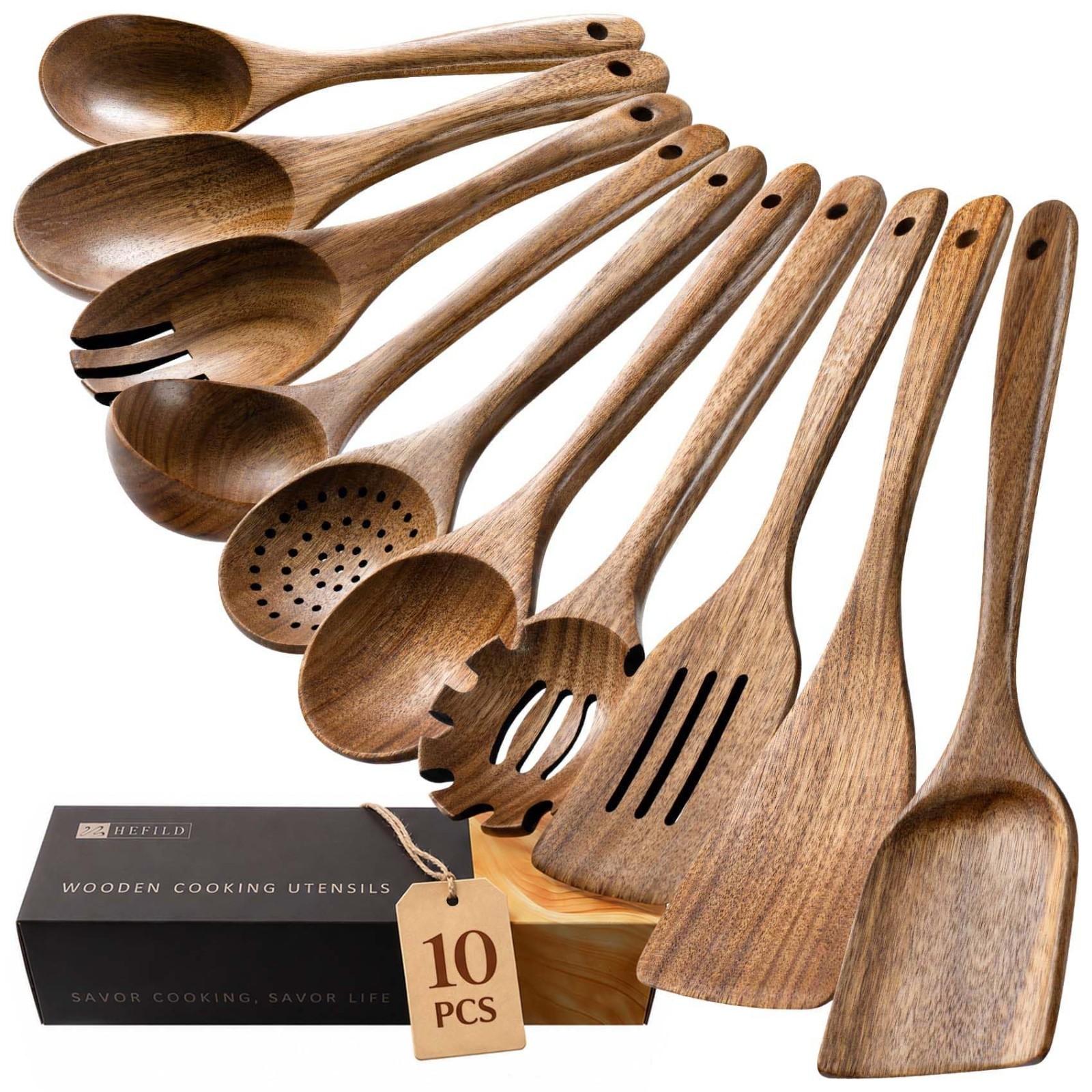 Wooden Spoons for Cooking, 10-Piece Acacia Wood Cooking Utensil Set