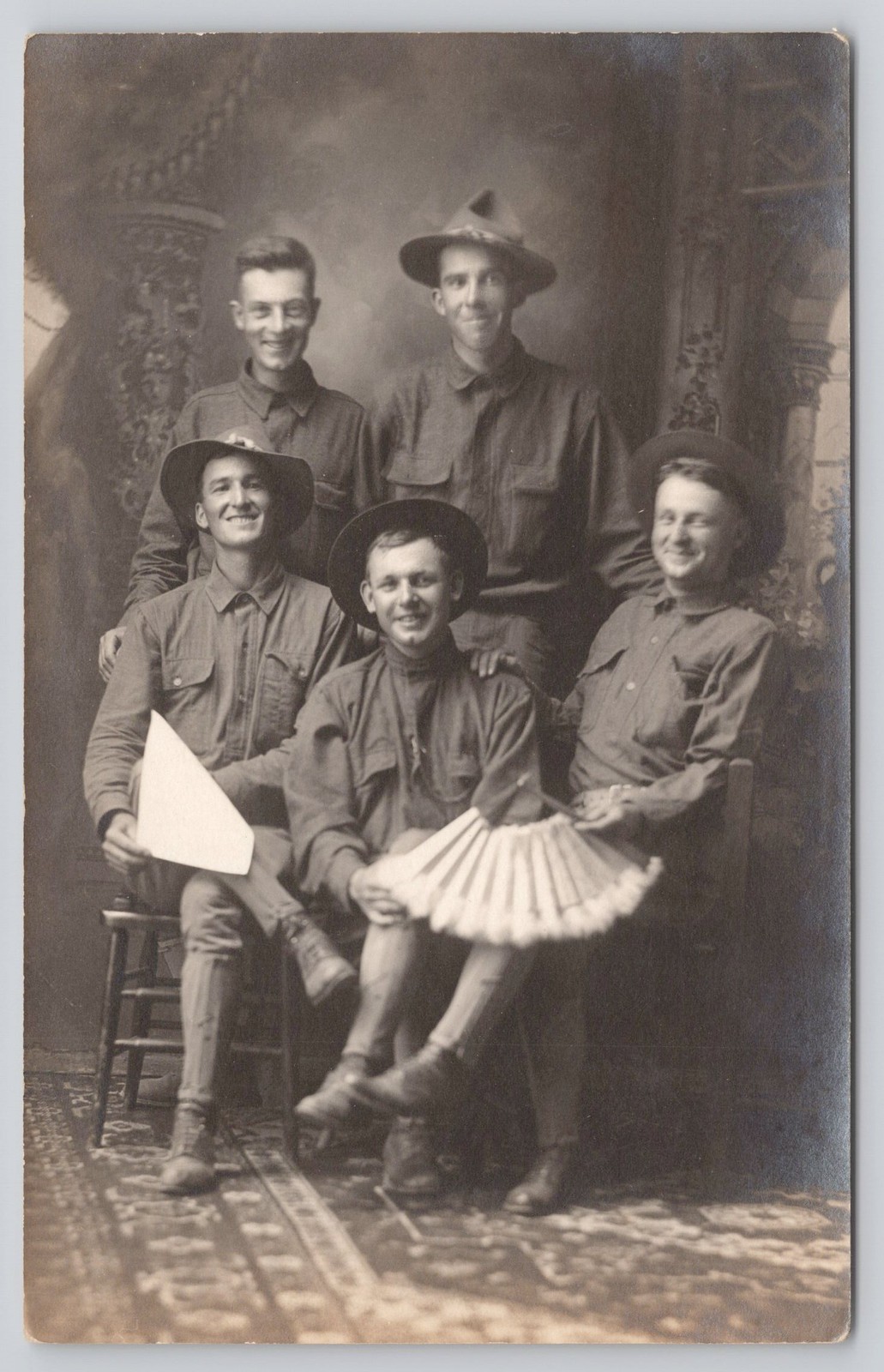 RPPC c1918 WWI Soldiers Silly Group Photo w/ Fan Nogales AZ Real Photo