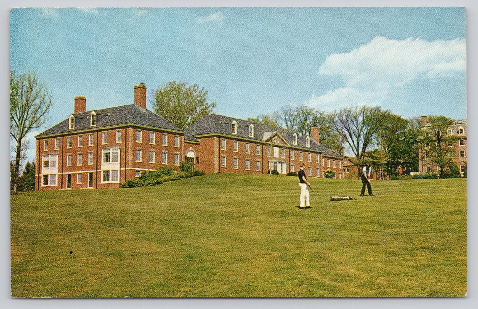 1963 Hotchkiss School Lakeville CT Van Santvoord Hall Vintage Postcard Golfers