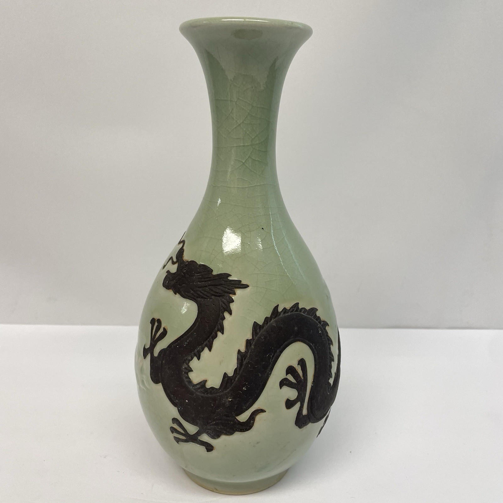 Celadon Glazed Ceramic Porcelain Handcrafted Vase With Carved Dragon Motif