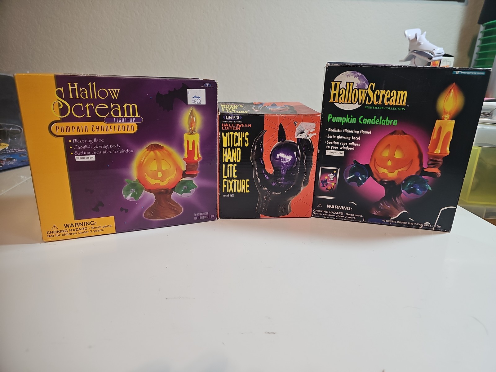 HallowScream Pumpkin Candelabras & Witch Hand Light. Vintage Decoration