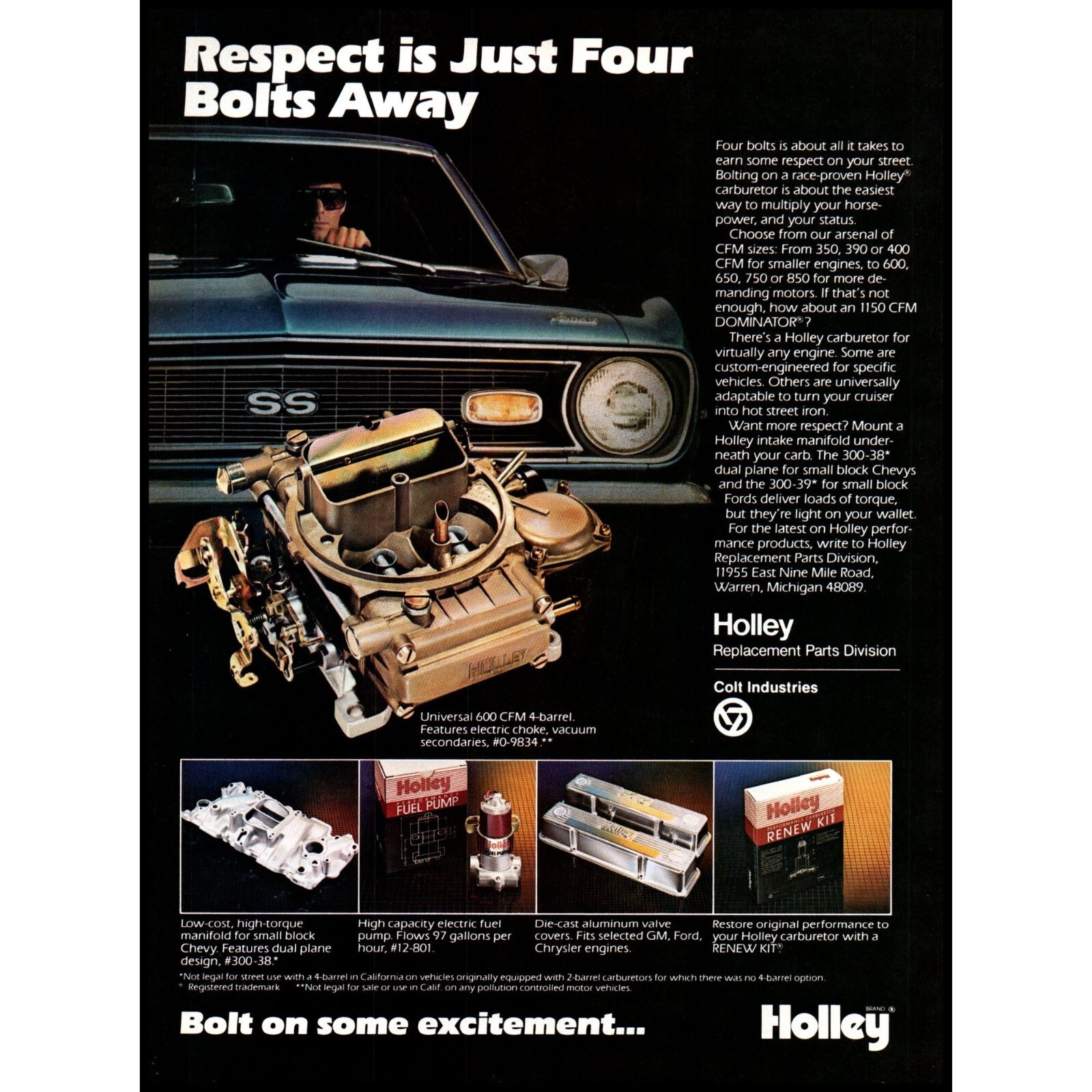 1986 Holley Carburetor Performance Parts Vintage Print Ad Chevy SS Wall Art