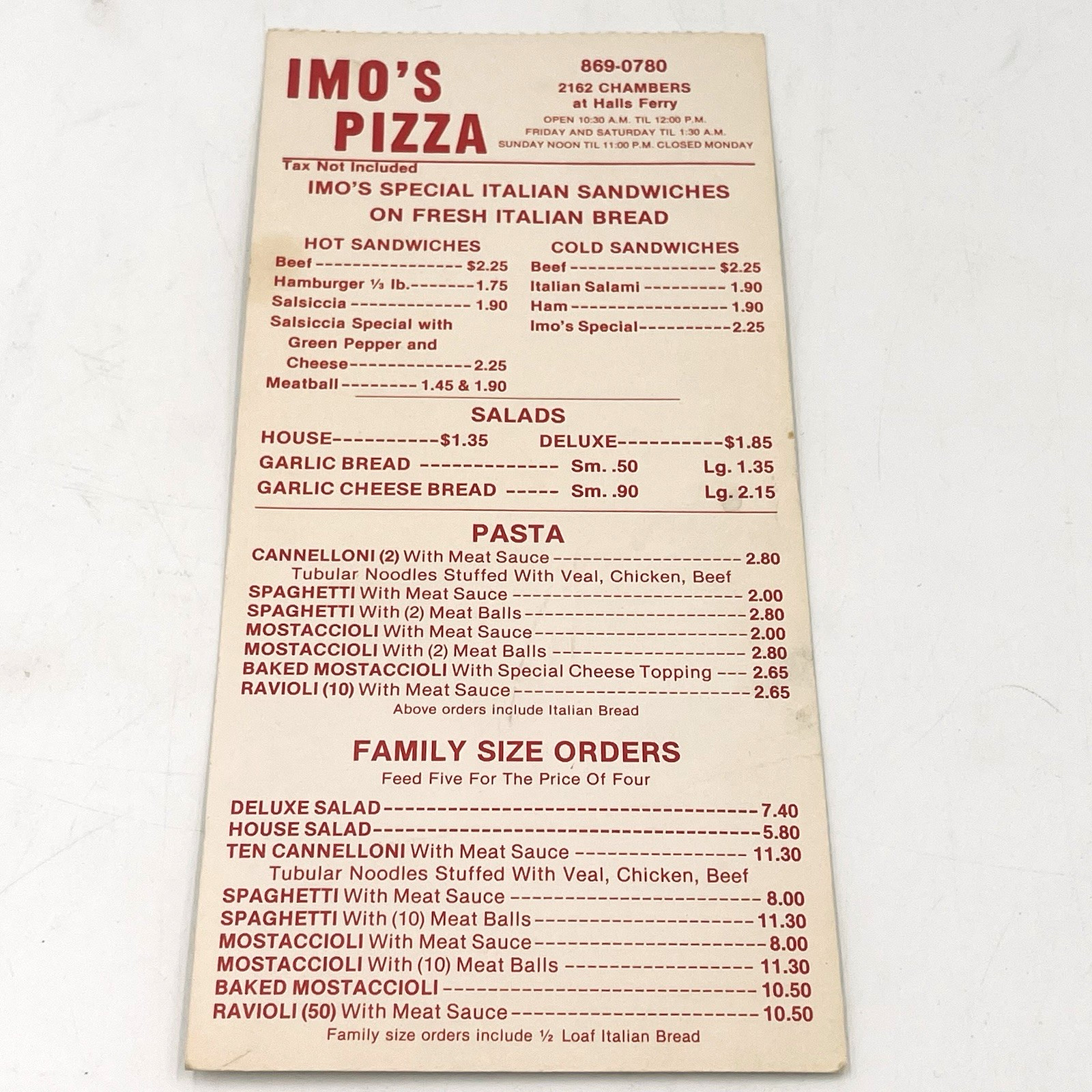 Imo's Pizza Menu Vintage St Louis MO 2162 Chambers Rd Halls Ferry BK0