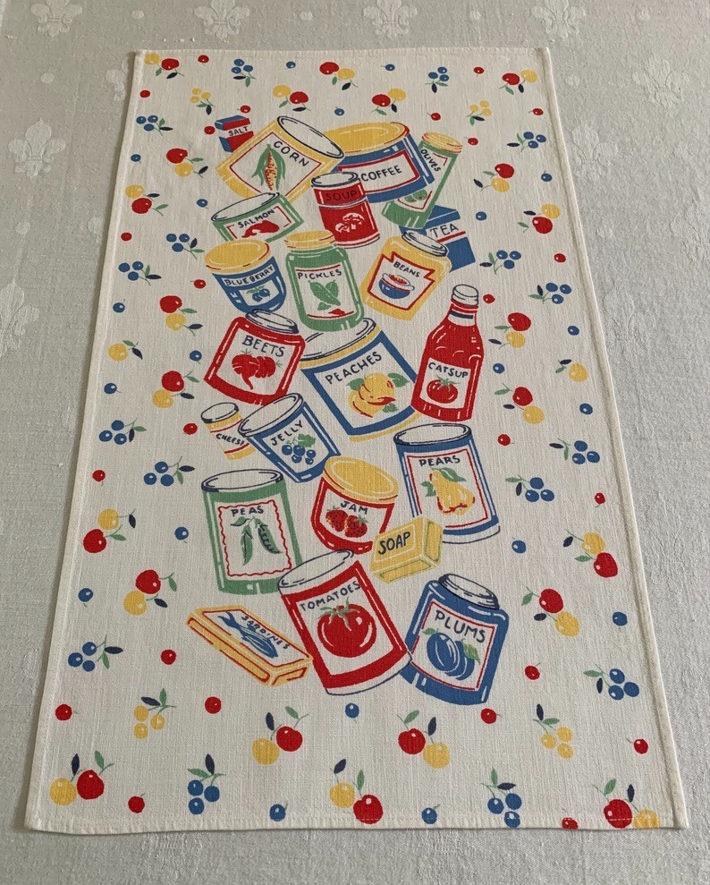 Vintage Tea Towel MCM Cans Jars Fruit Vegetables Sardines Coffee Leacock Prints