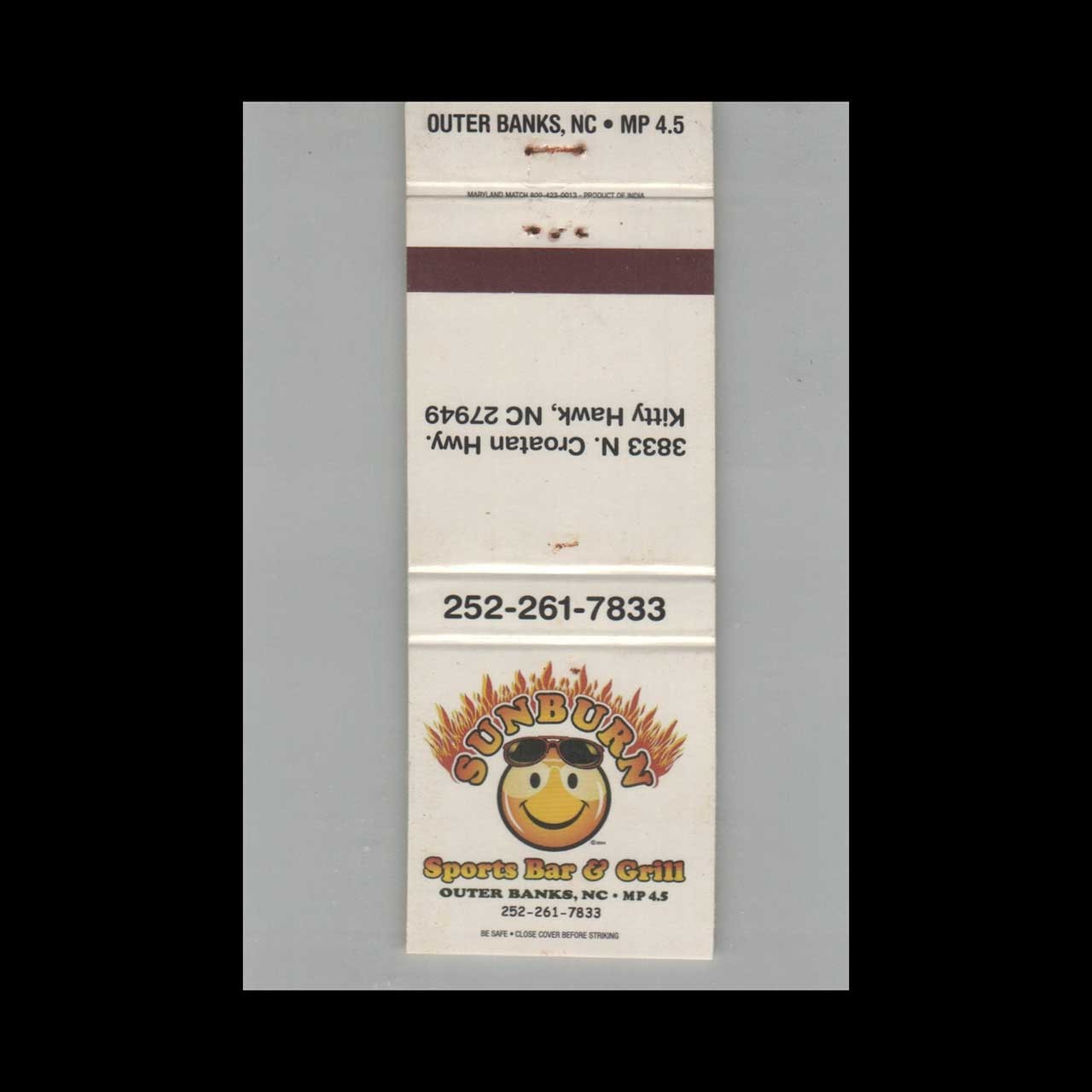 Matchbook Cover Sunburn Sports Bar & Grill Kitty Hawk NC