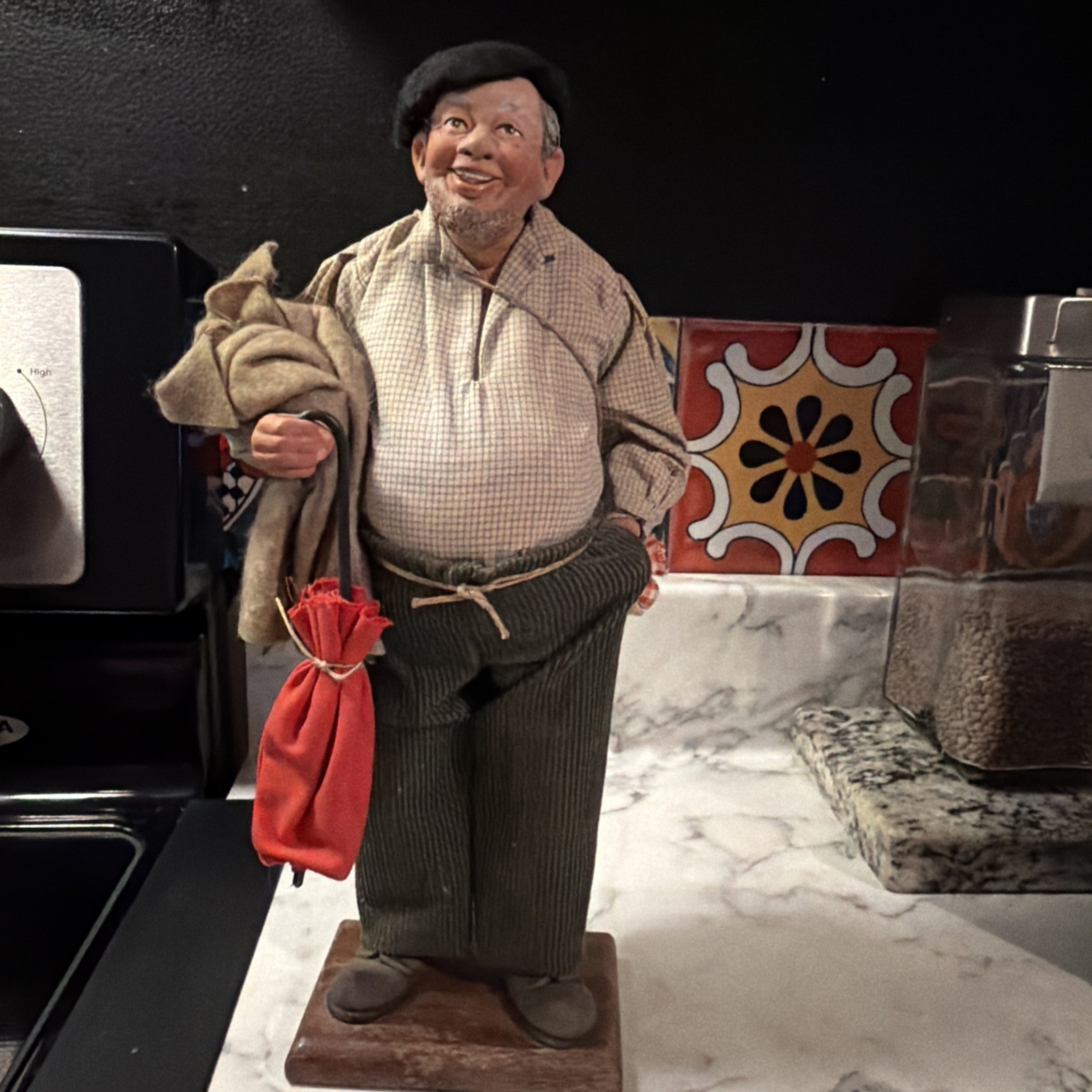 Large French Provençal Santon Man with Umbrella &Bag 30cm Vintage Dressed Figure