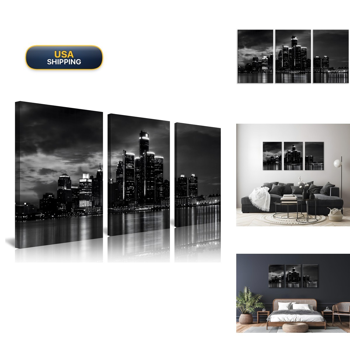 NAN Wind 3 Pcs Detroit Skyline Black & White Canvas Art Giclee Framed